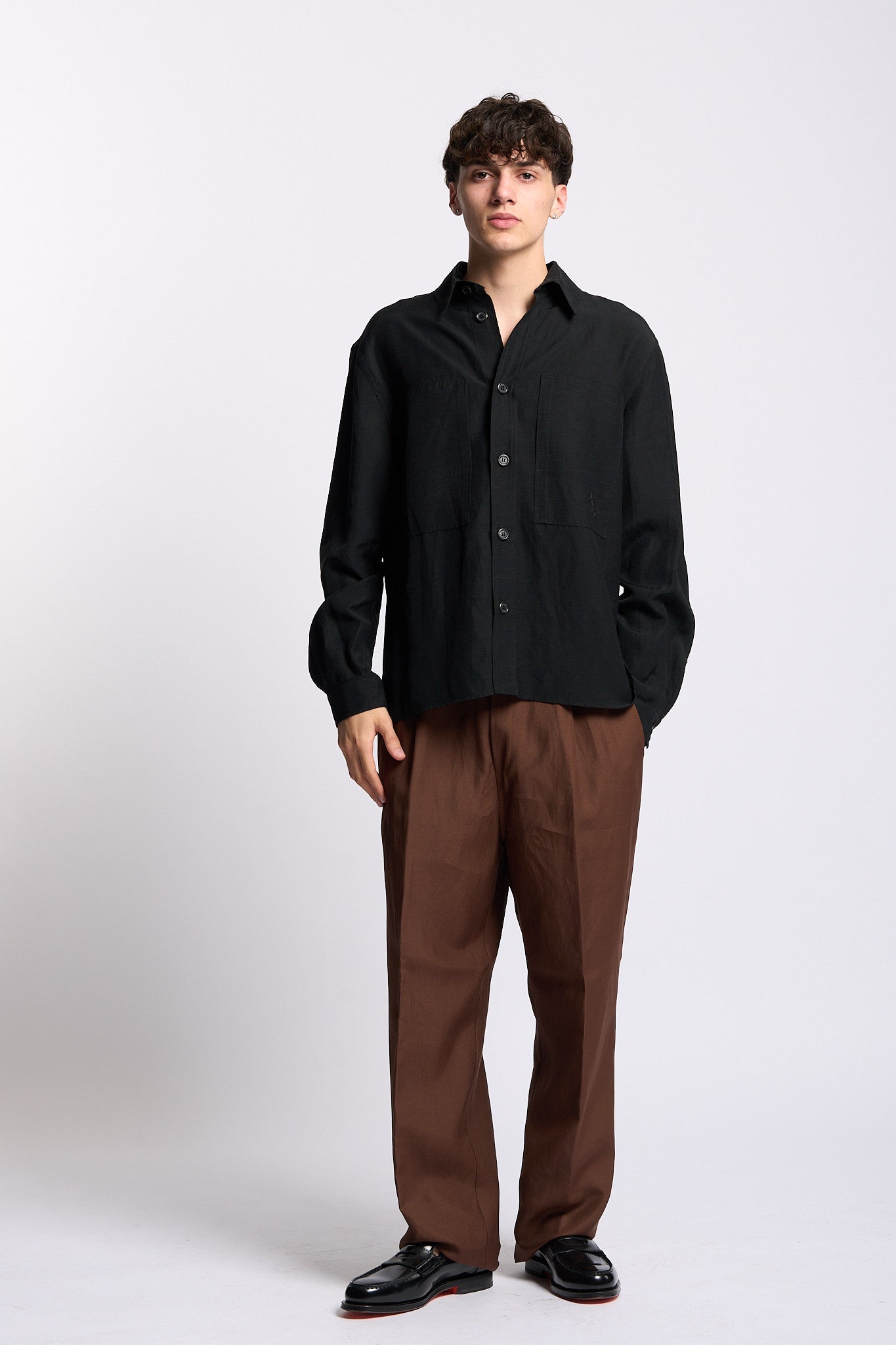 Laneus Overshirt in Lino e Viscosa Nero Uomo-3