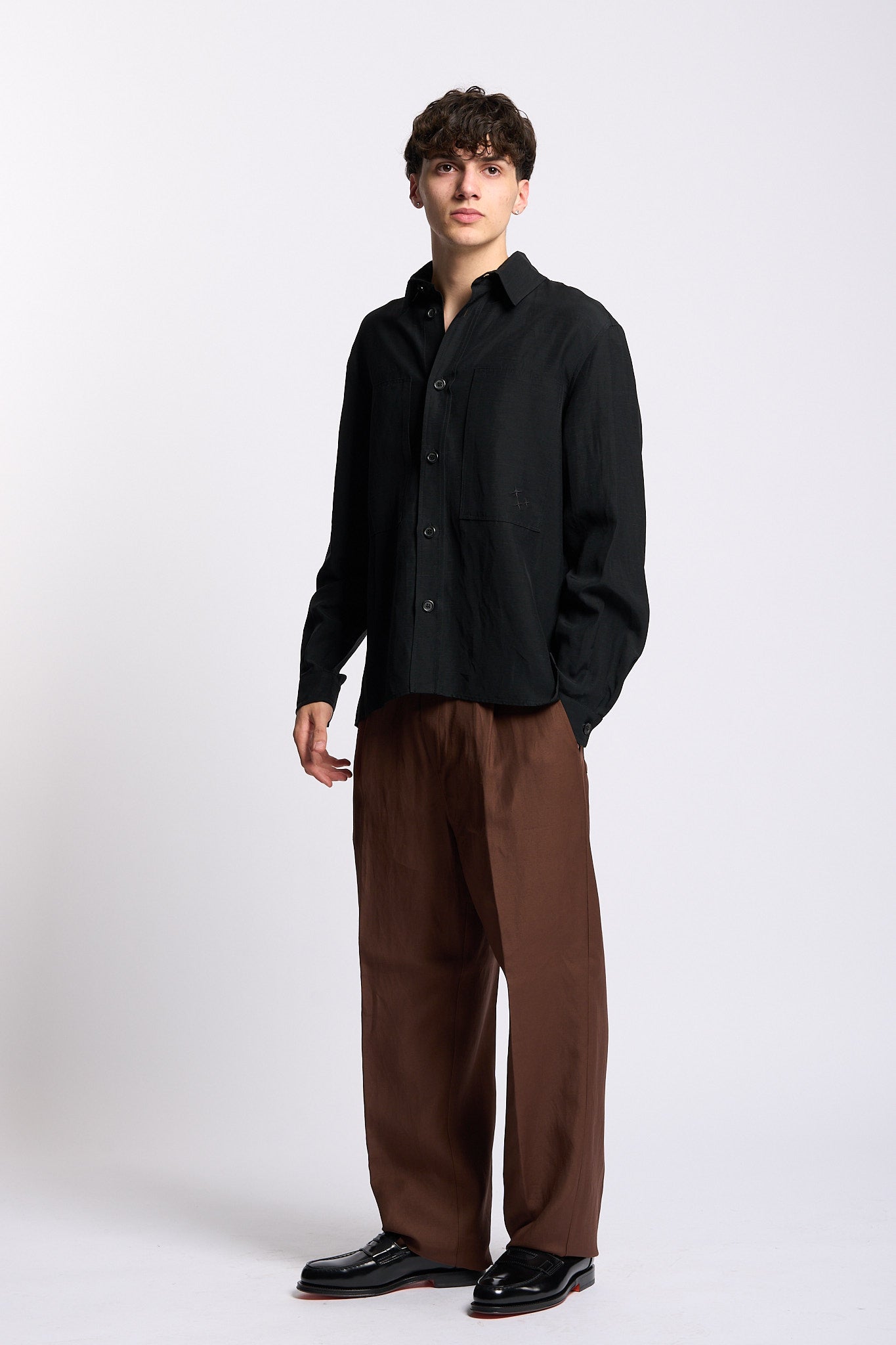 Laneus Overshirt in Lino e Viscosa Nero Uomo-6