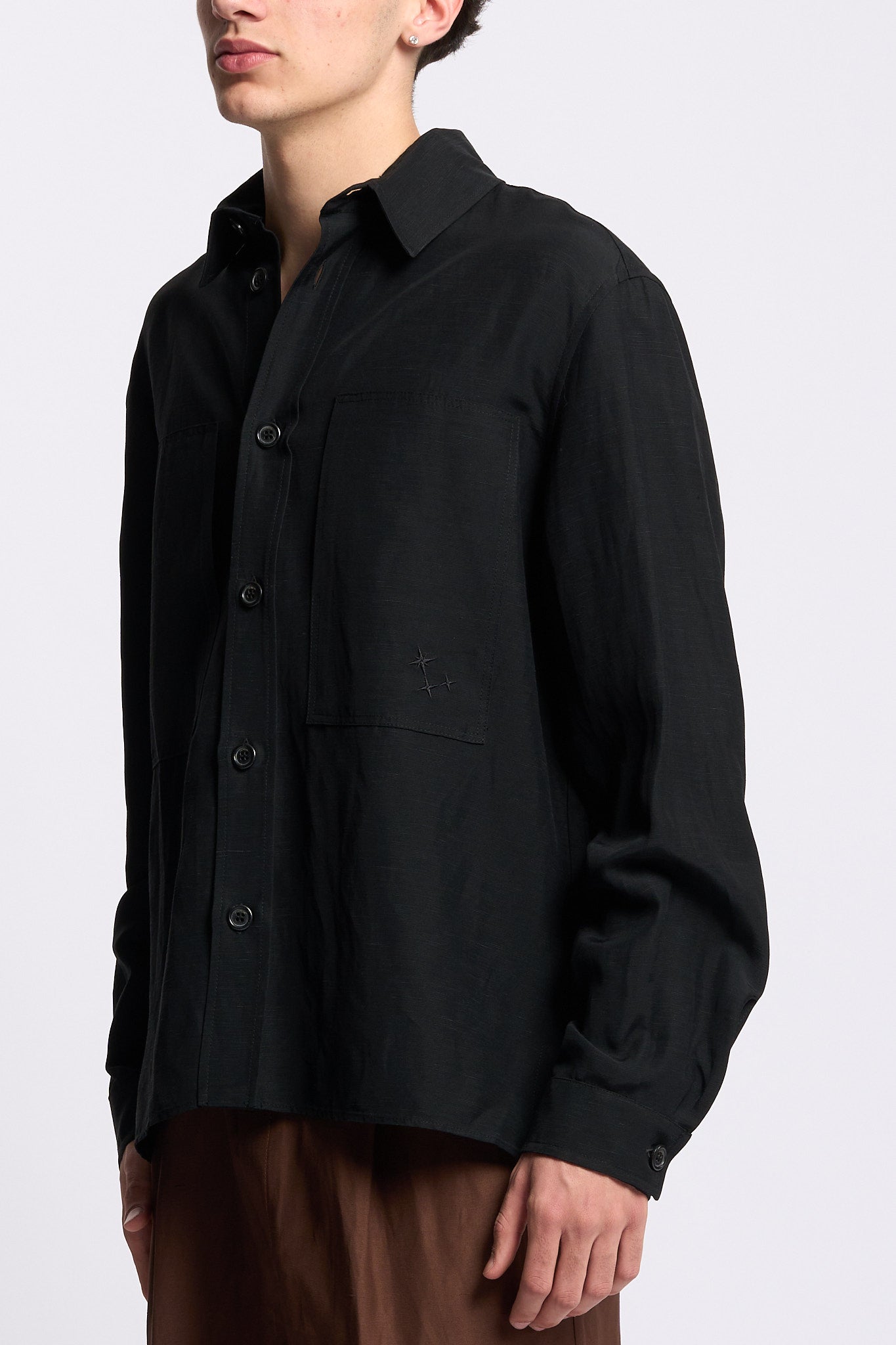 Laneus Overshirt in Lino e Viscosa Nero Uomo-4