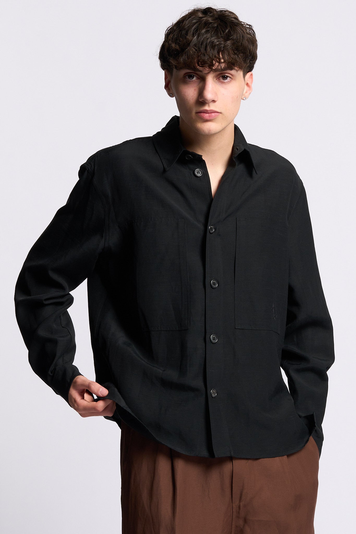 Laneus Overshirt in Lino e Viscosa Nero Uomo-1