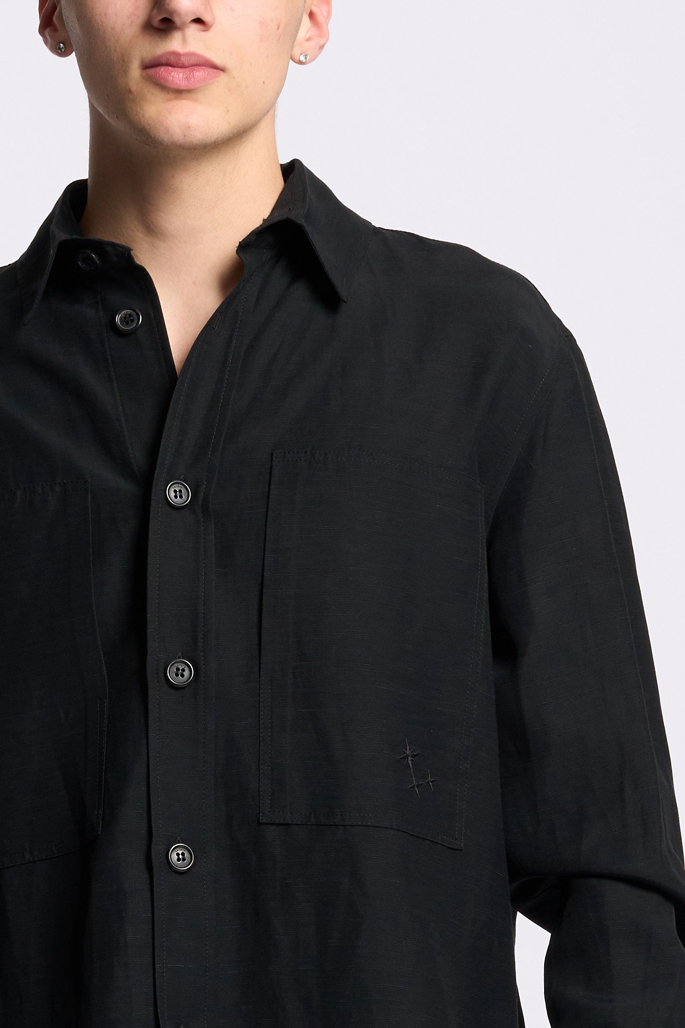 Laneus Overshirt in Lino e Viscosa Nero Uomo-5
