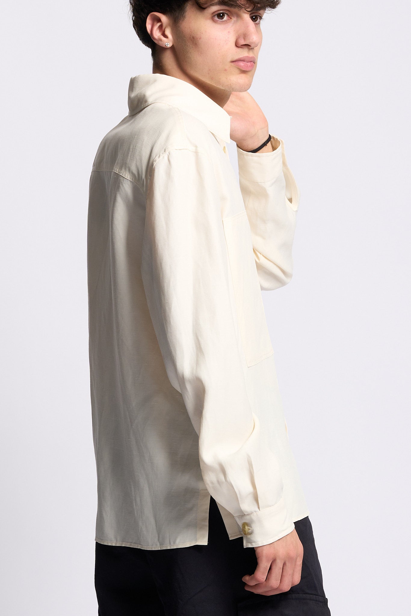 Laneus Overshirt in Lino e Viscosa Panna Uomo-5