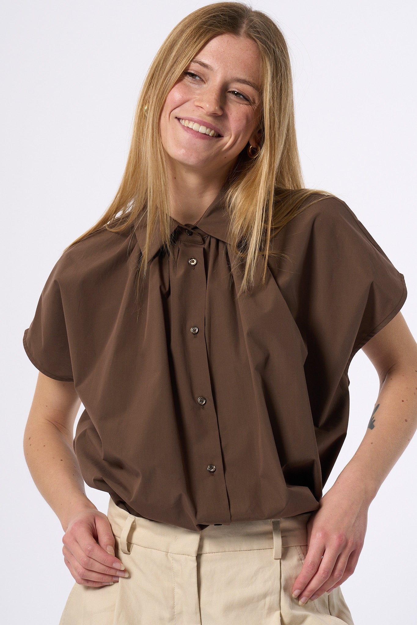 Max Mara Weekend Camicia Vallo A Maniche Corte Caffe' Donna-3