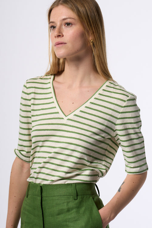 Max Mara Weekend T-shirt Opzione In Lino A V Bianco/verde Donna