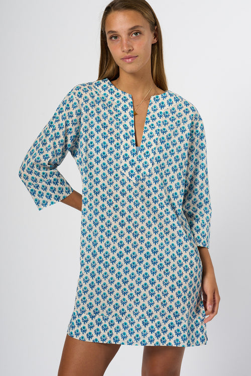 Mc2 Saint Barth Caftano Macha Fiori Bianco/azzurro Donna