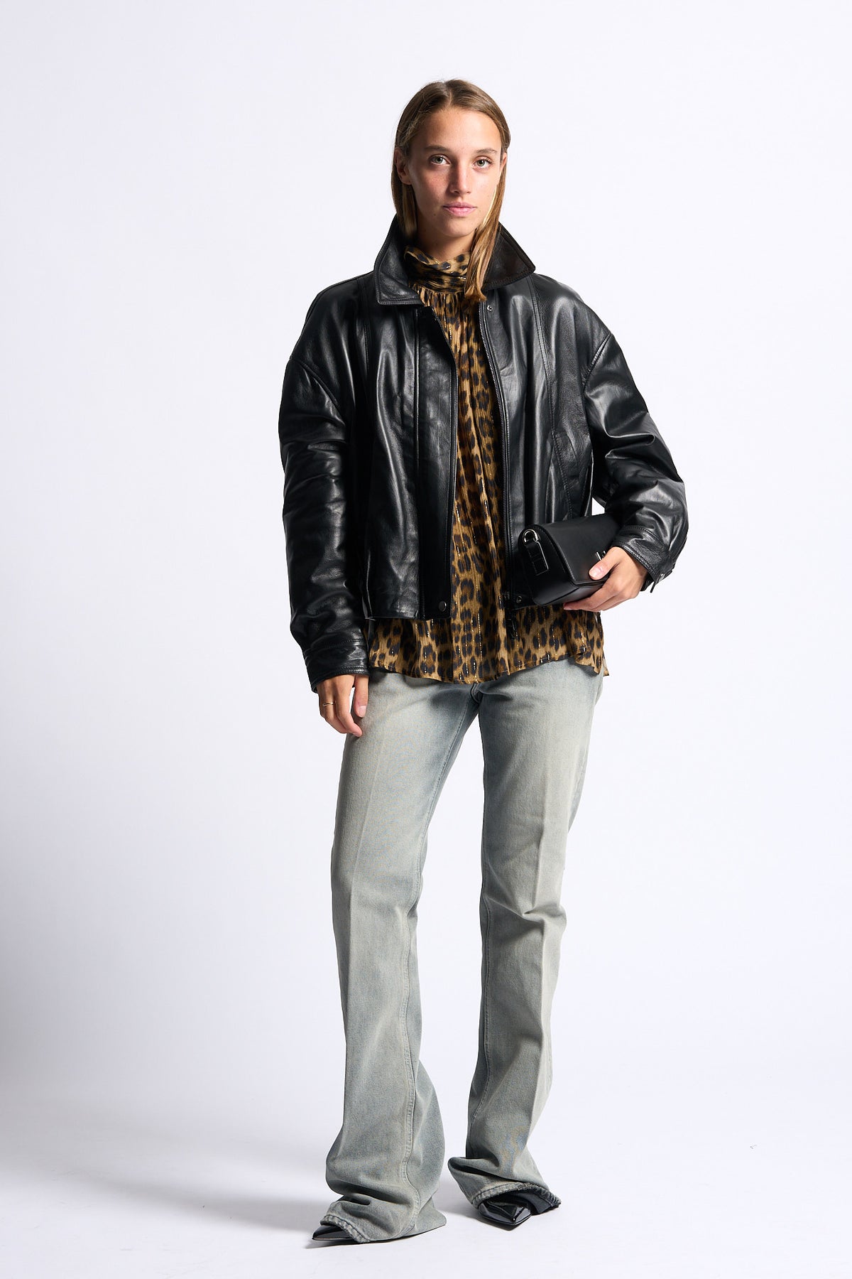 Myskyn Women's Black Leather Bomber Jacket-2