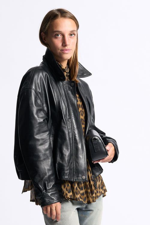 Myskyn Women's Black Leather Bomber Jacket