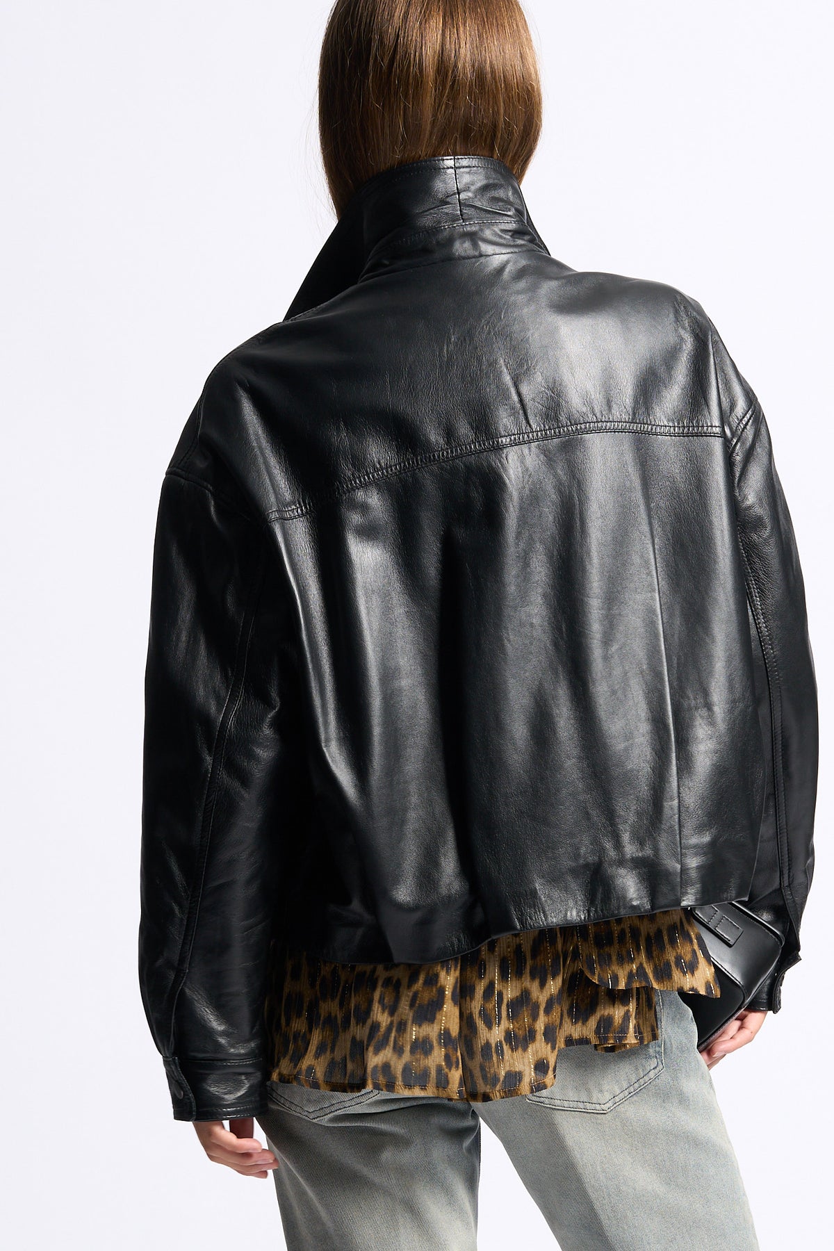 Myskyn Women's Black Leather Bomber Jacket-3