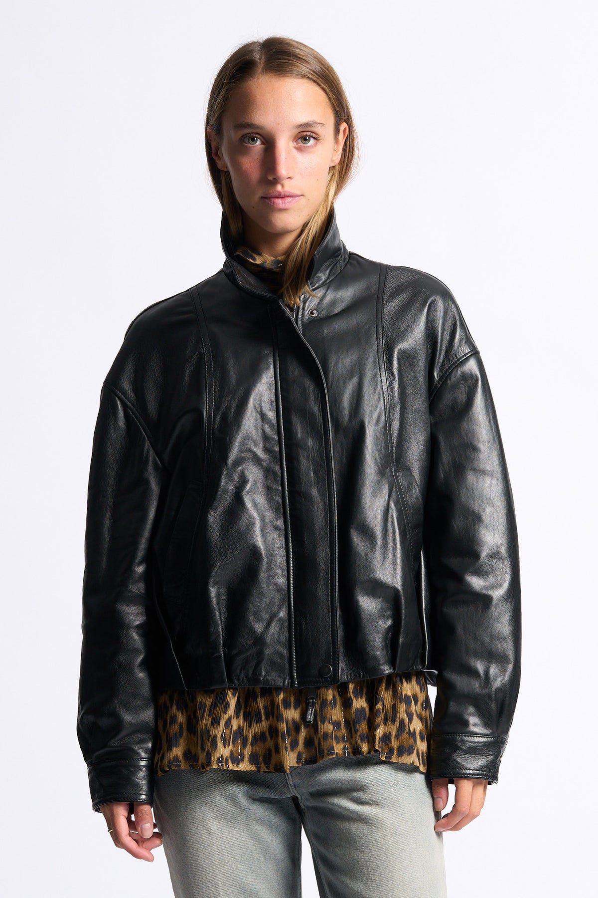 Myskyn Women's Black Leather Bomber Jacket-4