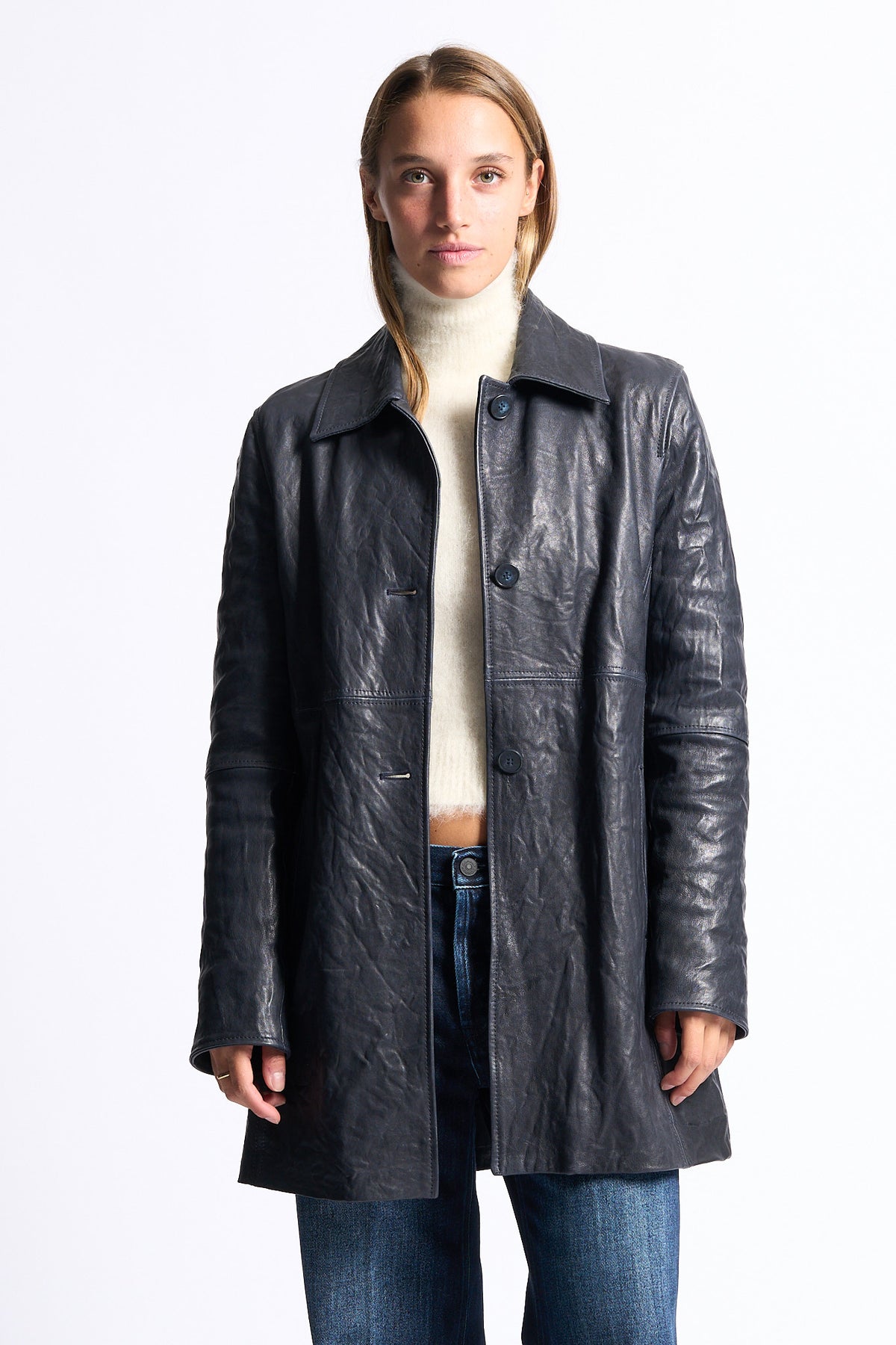 Myskyn Women's Blue Long Leather Jacket-1
