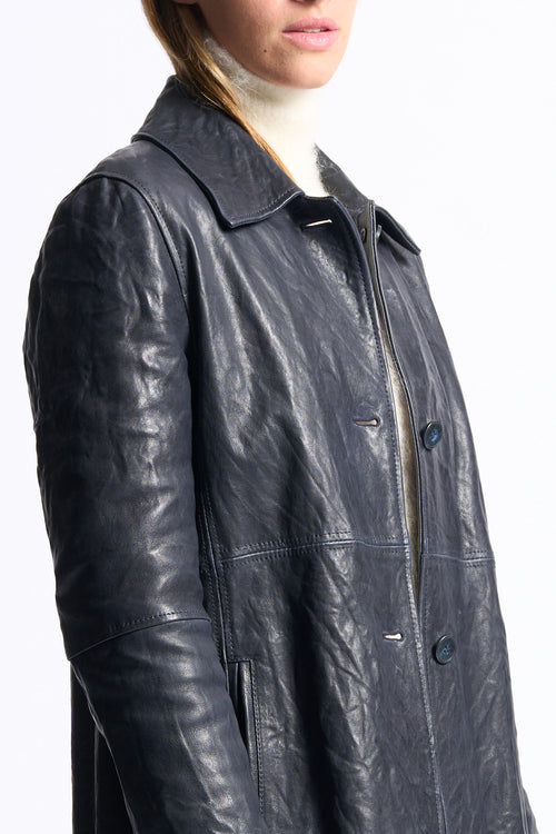 Myskyn Women's Blue Long Leather Jacket-2