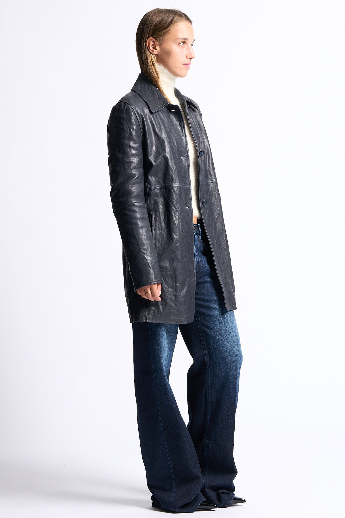 Myskyn Women's Blue Long Leather Jacket-3