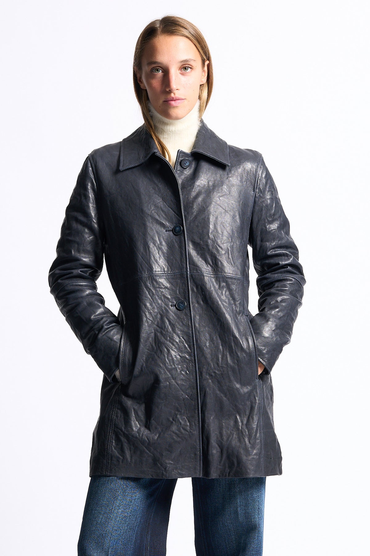 Myskyn Women's Blue Long Leather Jacket-5