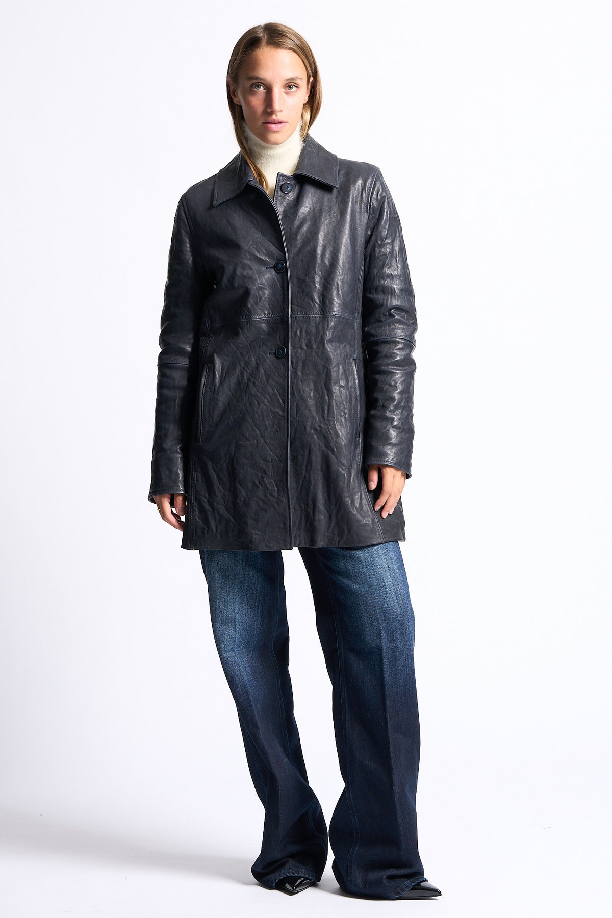 Myskyn Women's Blue Long Leather Jacket-6