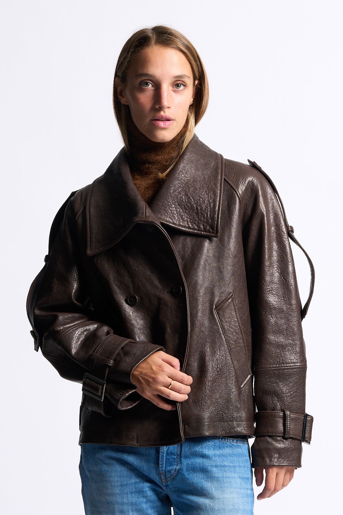 Myskyn Women's Brown Oversized Leather Jacket-4