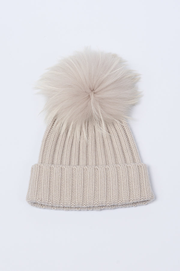 Nima 1708 Cappello Coste Pom Pon Beige Donna