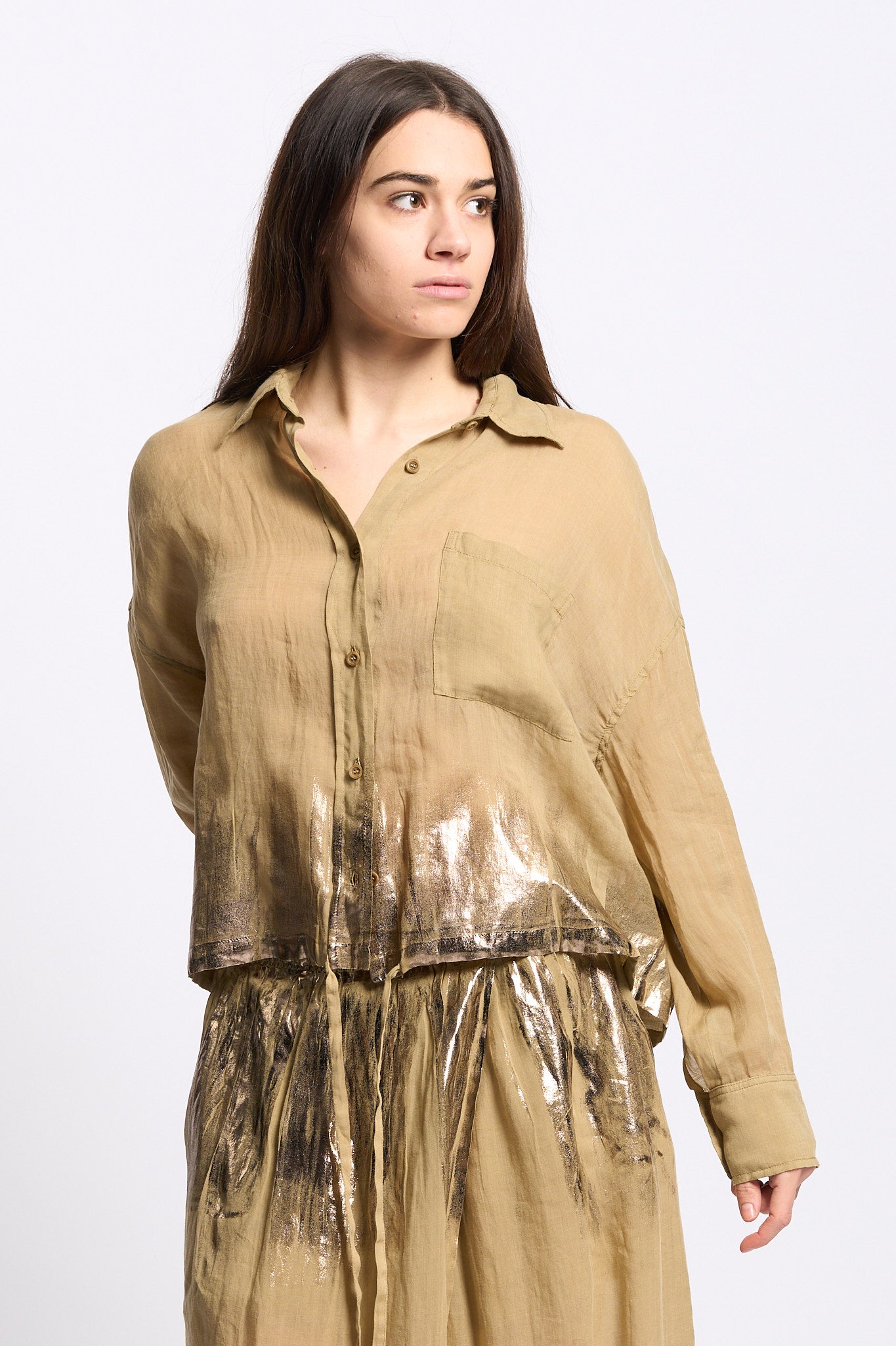 Nude Camicia Spalmata Kaki/Oro Donna-5