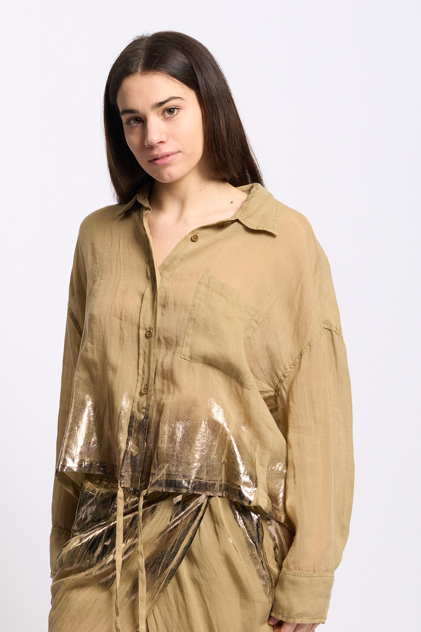 Nude Camicia Spalmata Kaki/Oro Donna-7