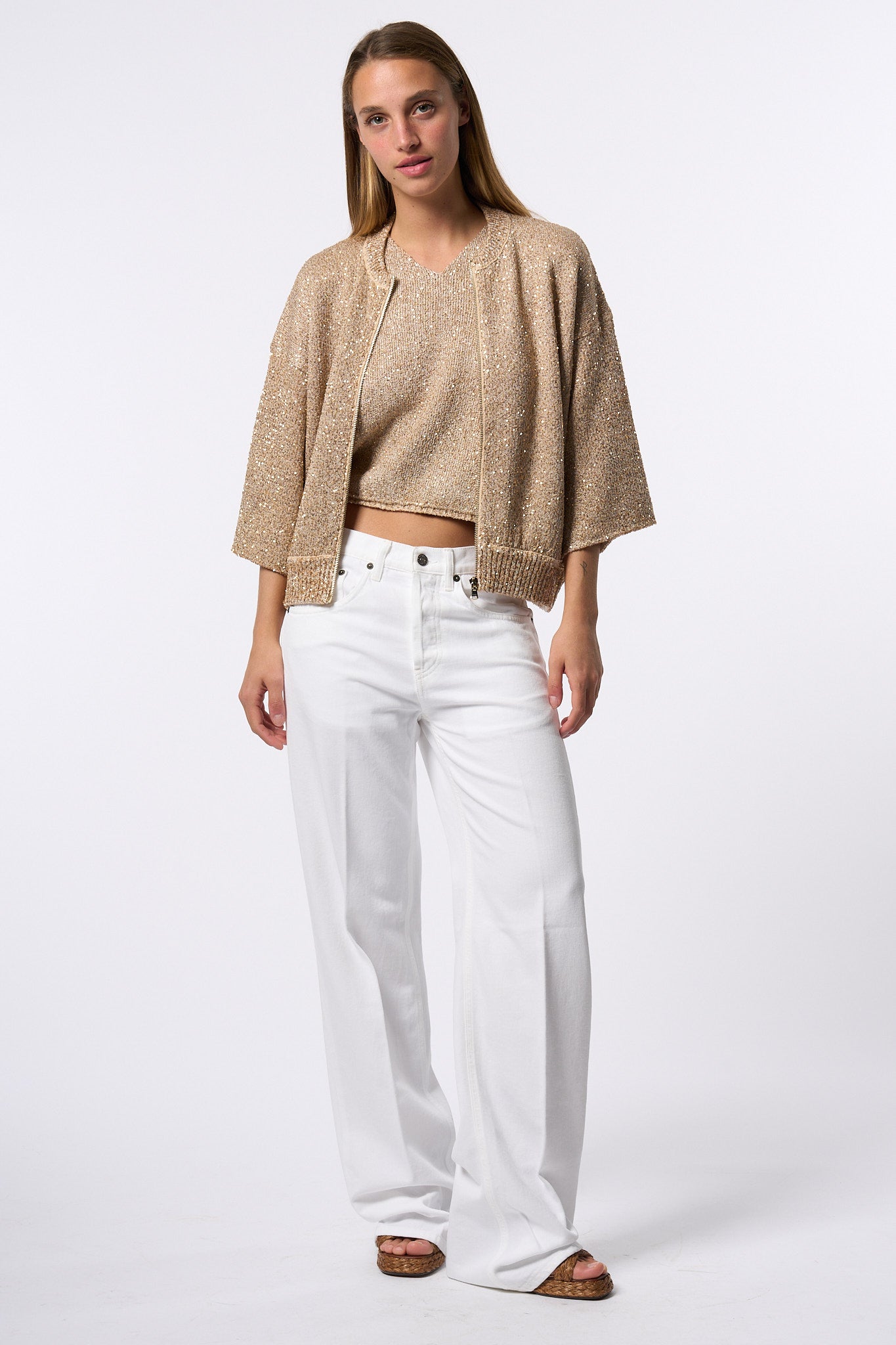 Nude Top Pailettes Beige Donna-3