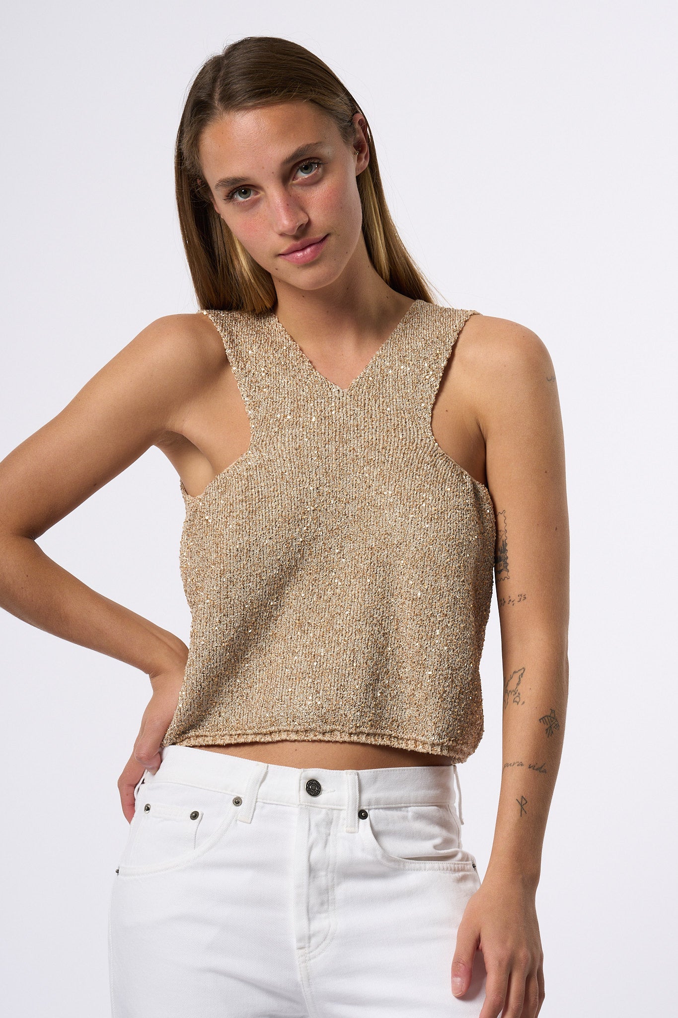 Nude Top Pailettes Beige Donna-1