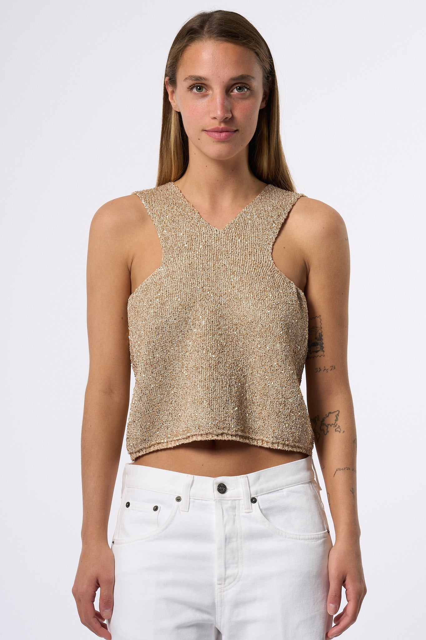Nude Top Pailettes Beige Donna-4