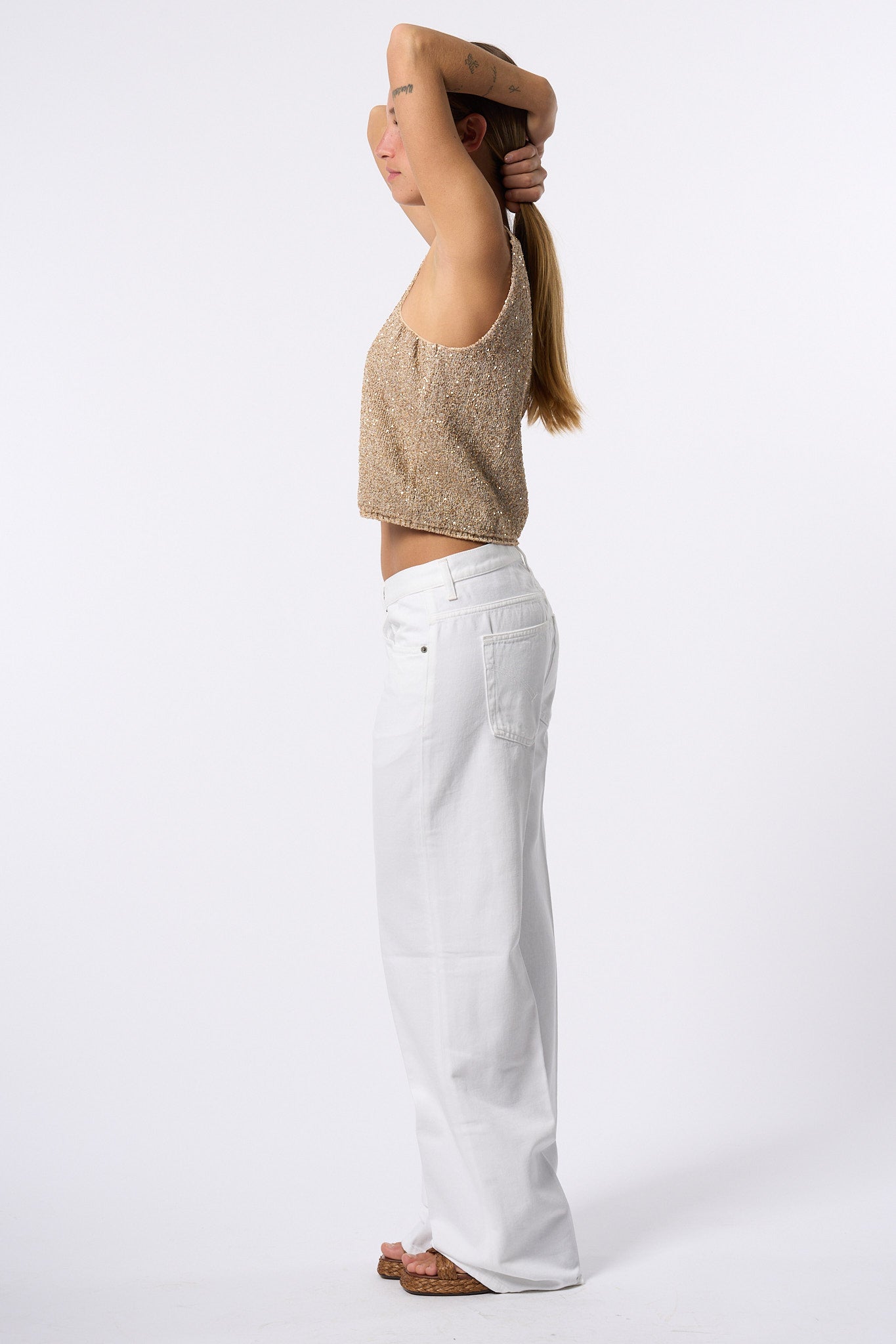 Nude Top Pailettes Beige Donna-6