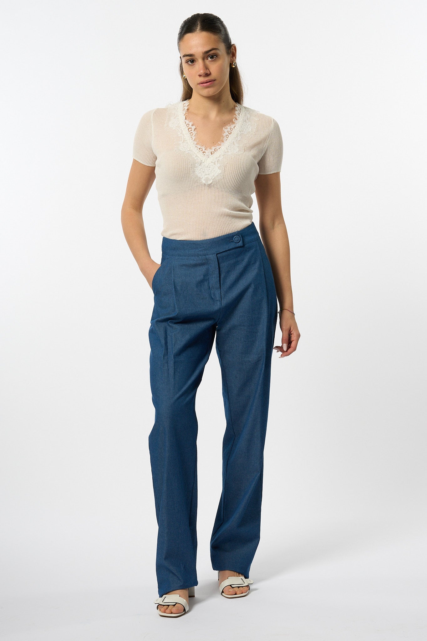 Olla Pareg Pantalone Chambray Azzurro Donna-2