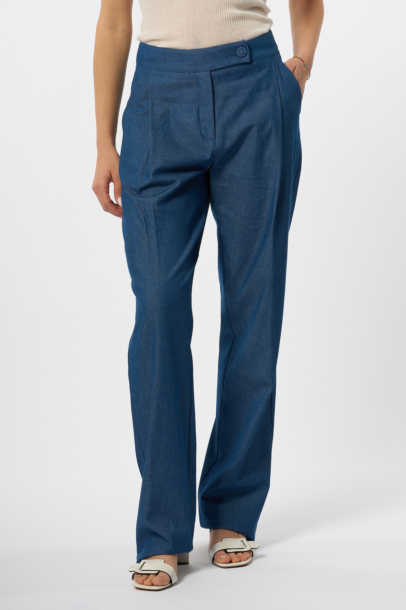 Olla Pareg Pantalone Chambray Azzurro Donna-3