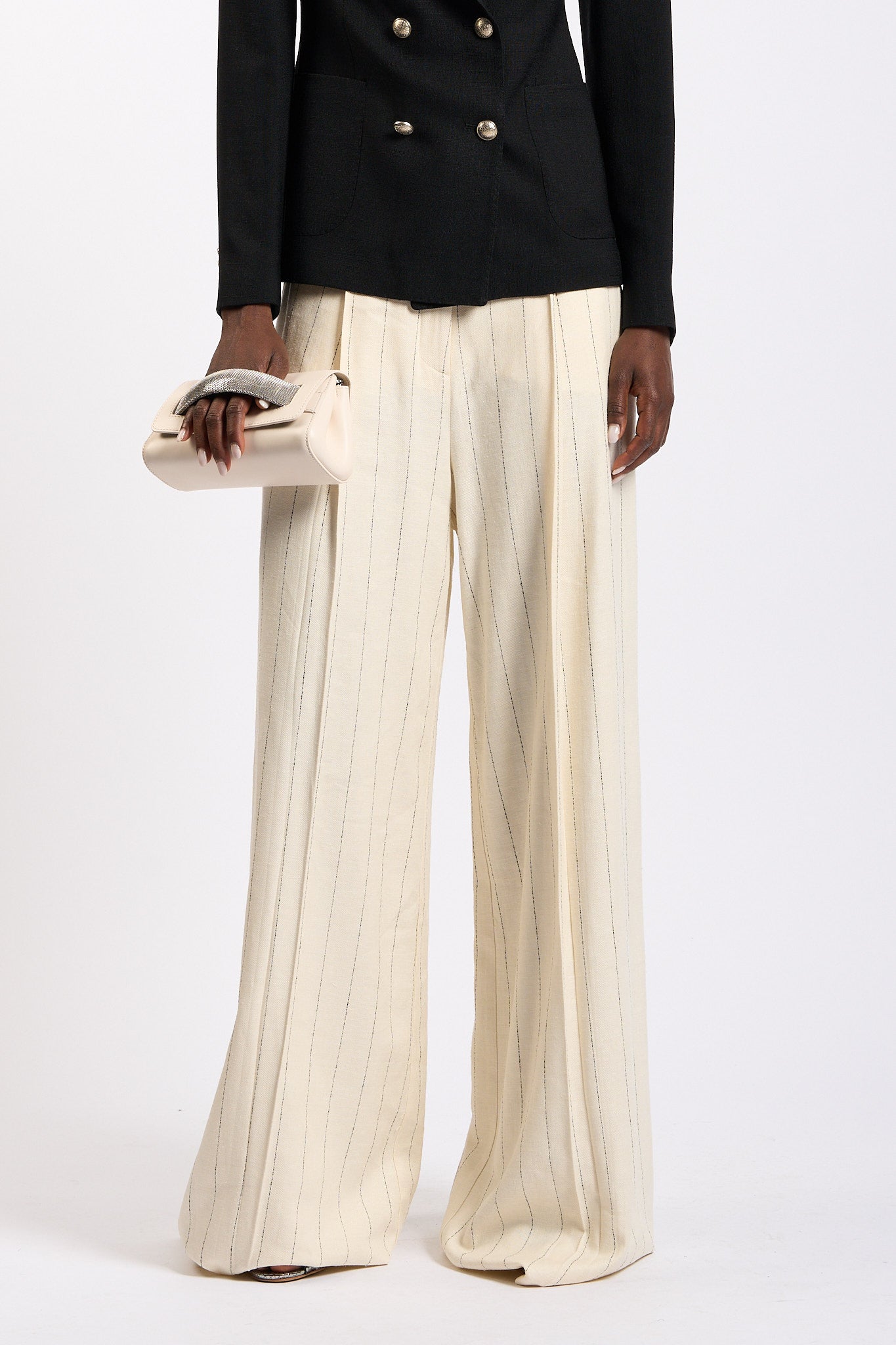 Olla pareg Pantalone Gessato Ampio Crema Donna-4