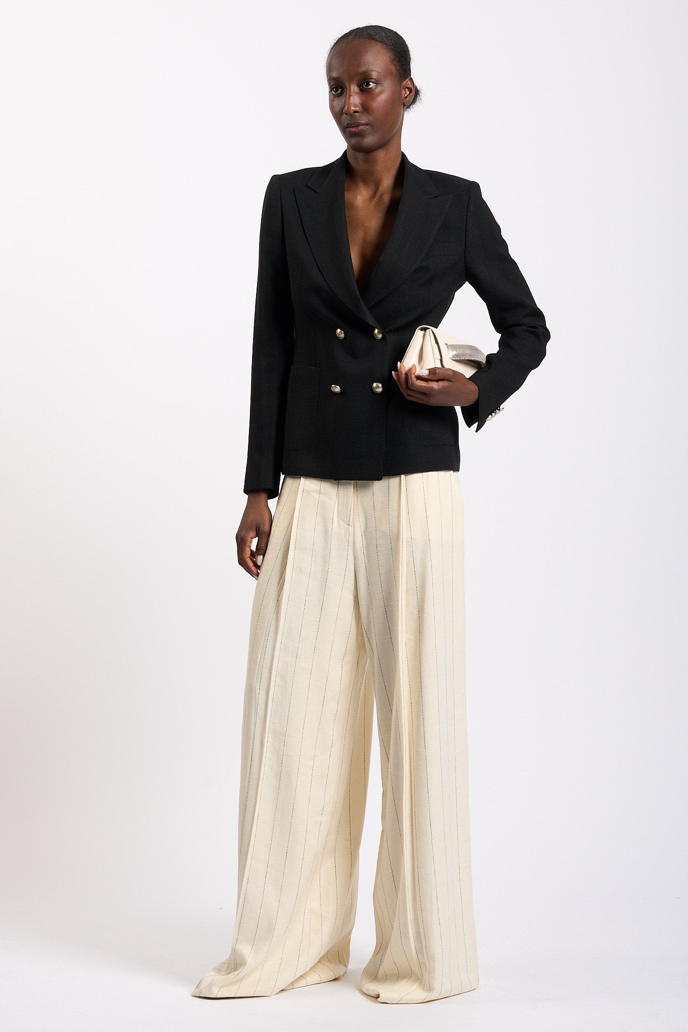 Olla pareg Pantalone Gessato Ampio Crema Donna-2