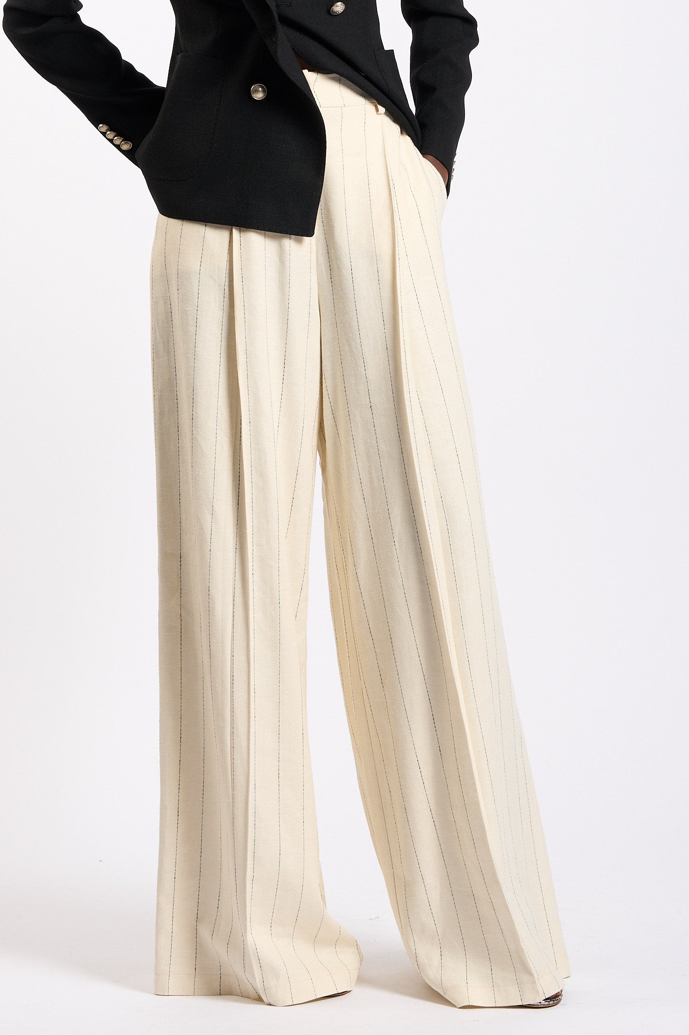 Olla pareg Pantalone Gessato Ampio Crema Donna-1