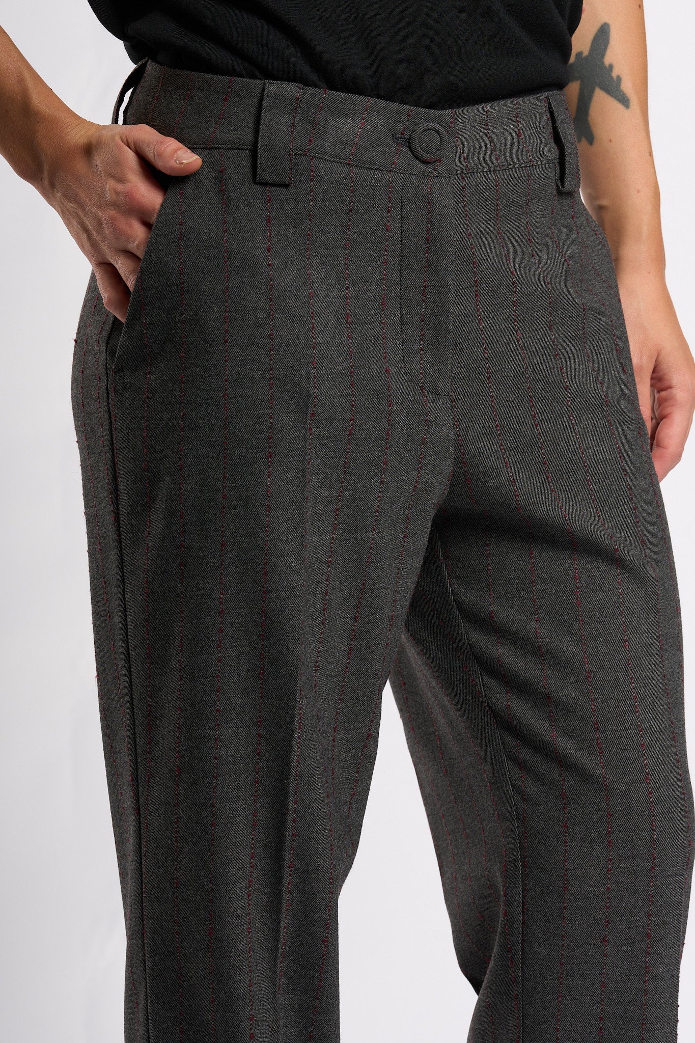 Olla pareg Pantalone Gessato Grigio/bordeaux Donna-3