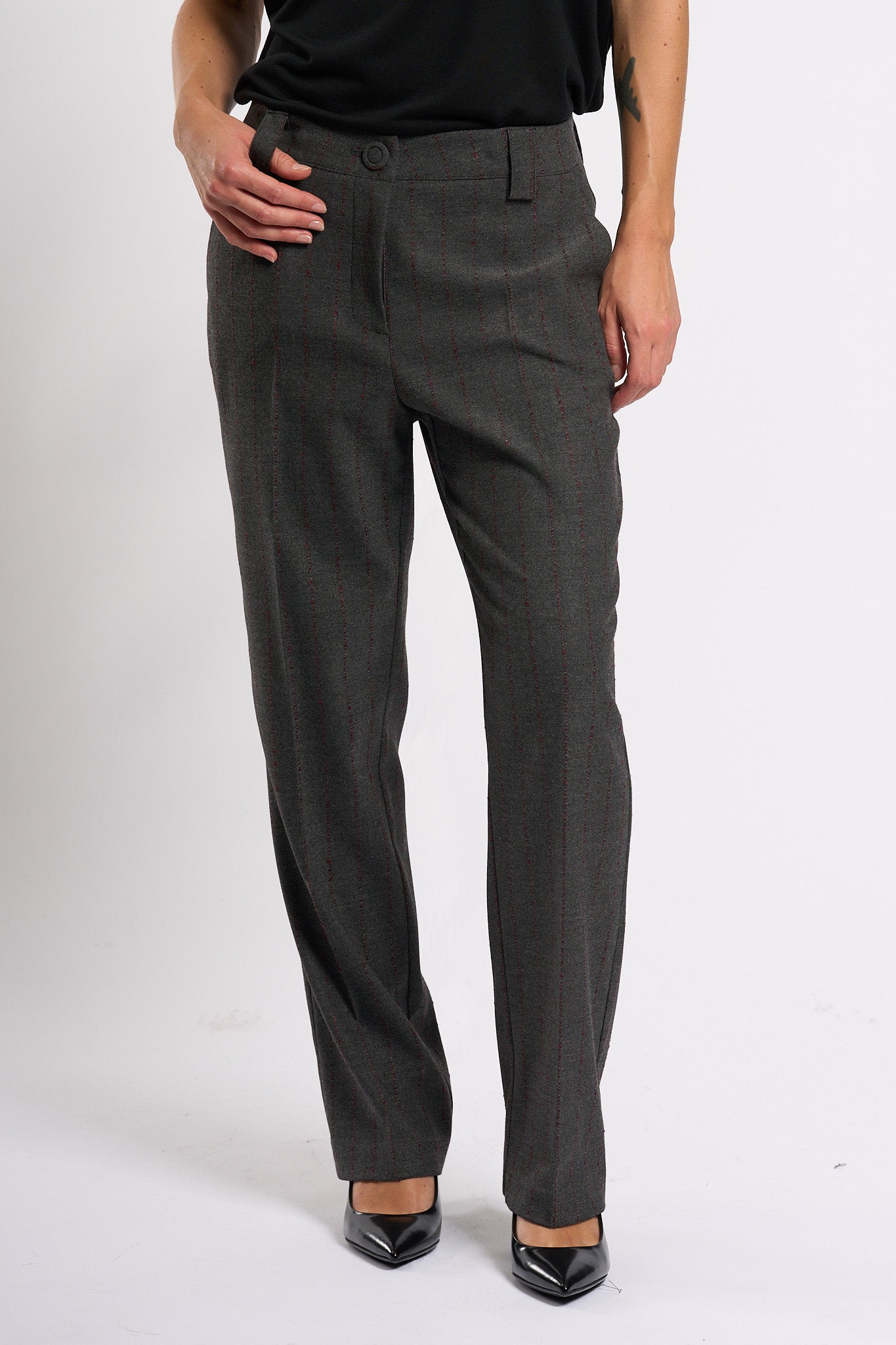 Olla pareg Pantalone Gessato Grigio/bordeaux Donna-4