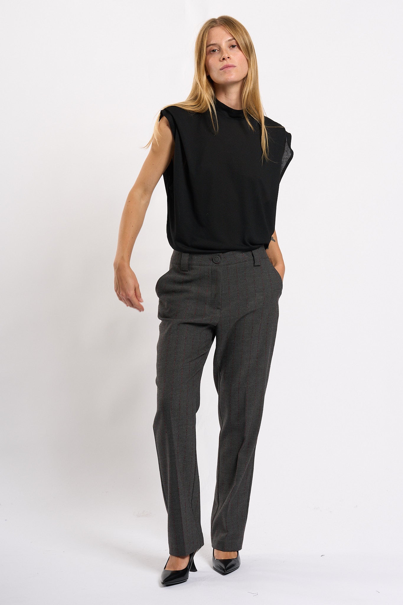 Olla pareg Pantalone Gessato Grigio/bordeaux Donna-5
