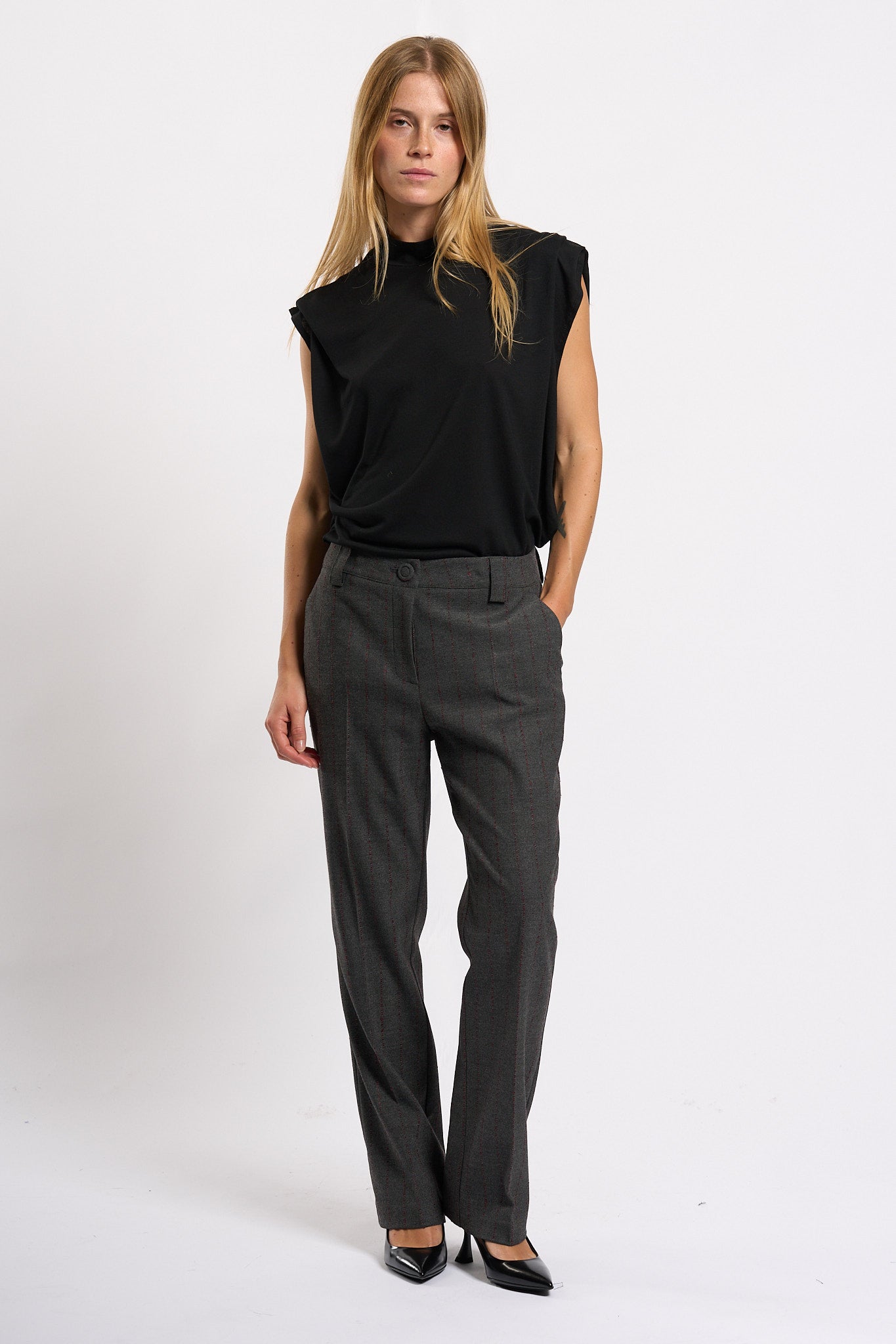 Olla pareg Pantalone Gessato Grigio/bordeaux Donna-6