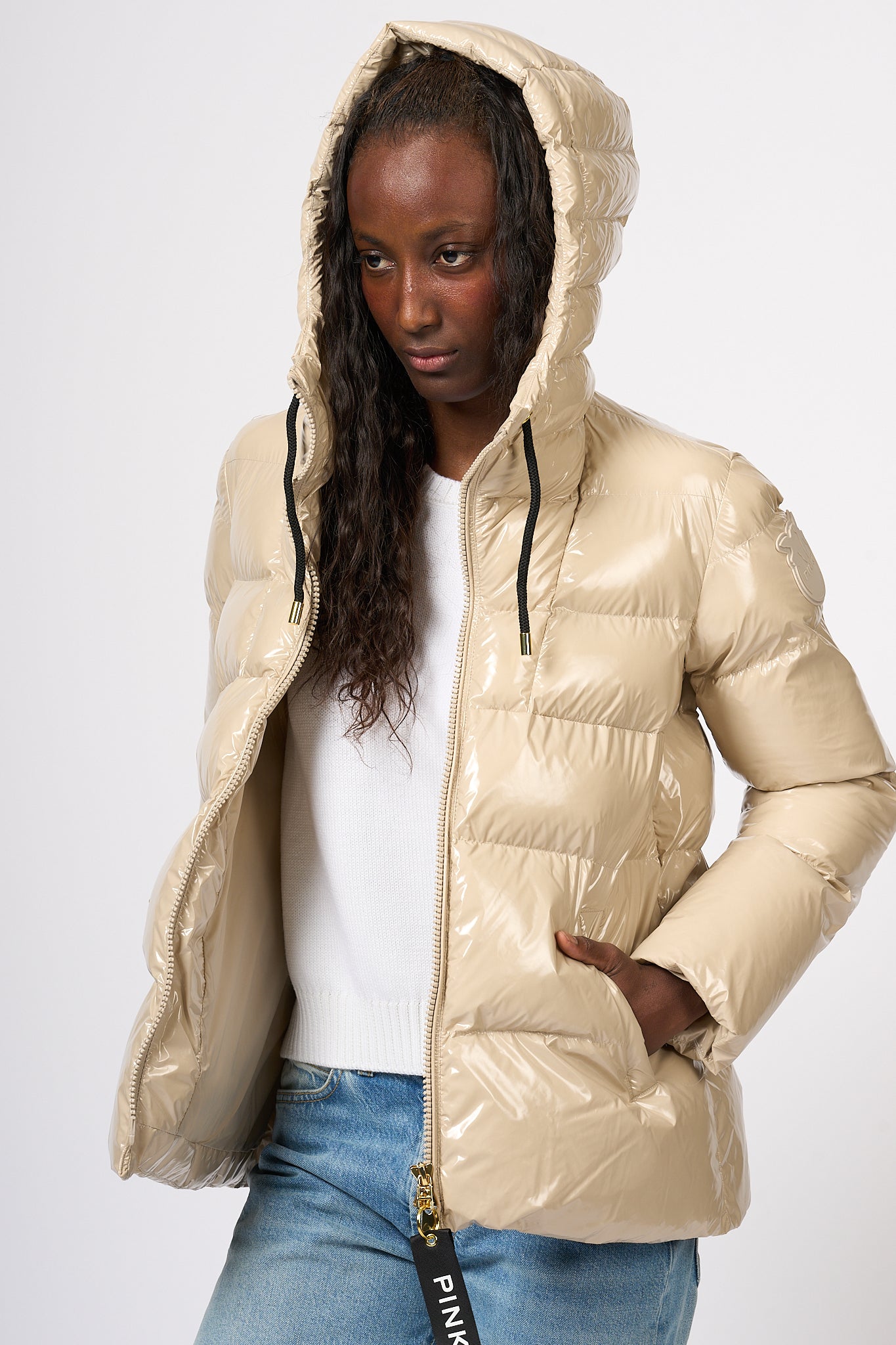 Pinko Eleodoro Crystal Beige Down Jacket Women-6