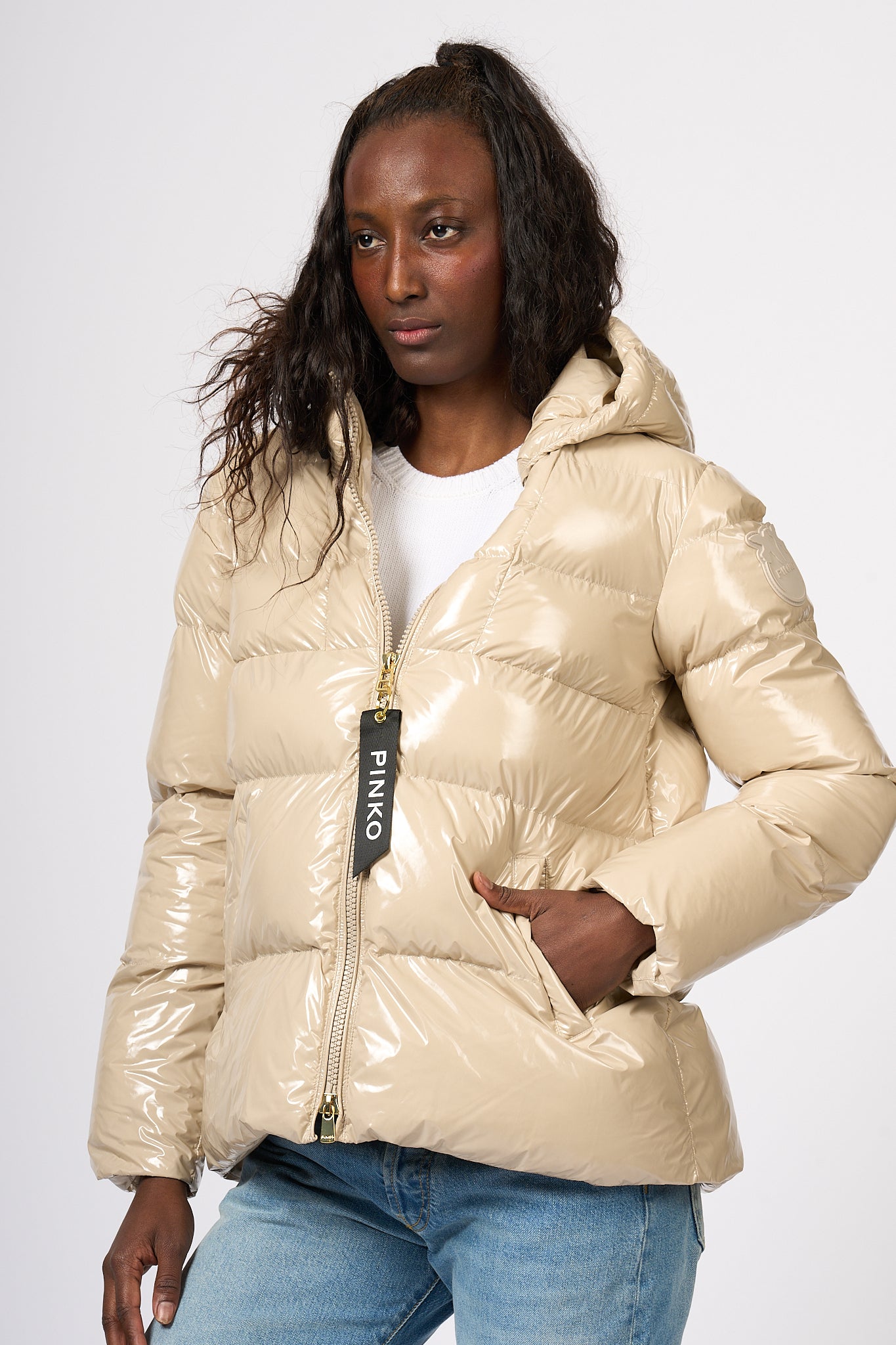 Pinko Eleodoro Crystal Beige Down Jacket Women-5