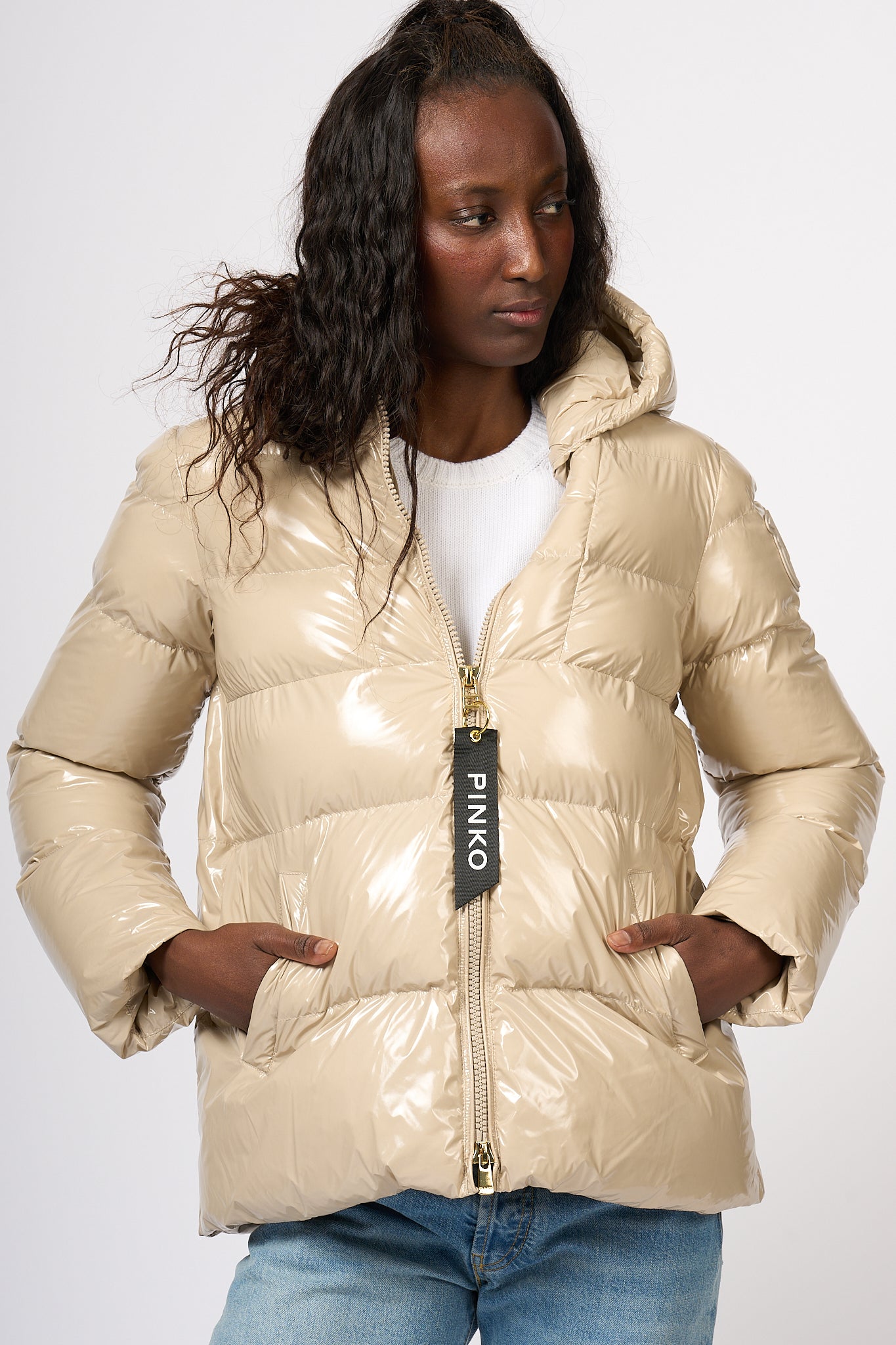 Pinko Eleodoro Crystal Beige Down Jacket Women-4