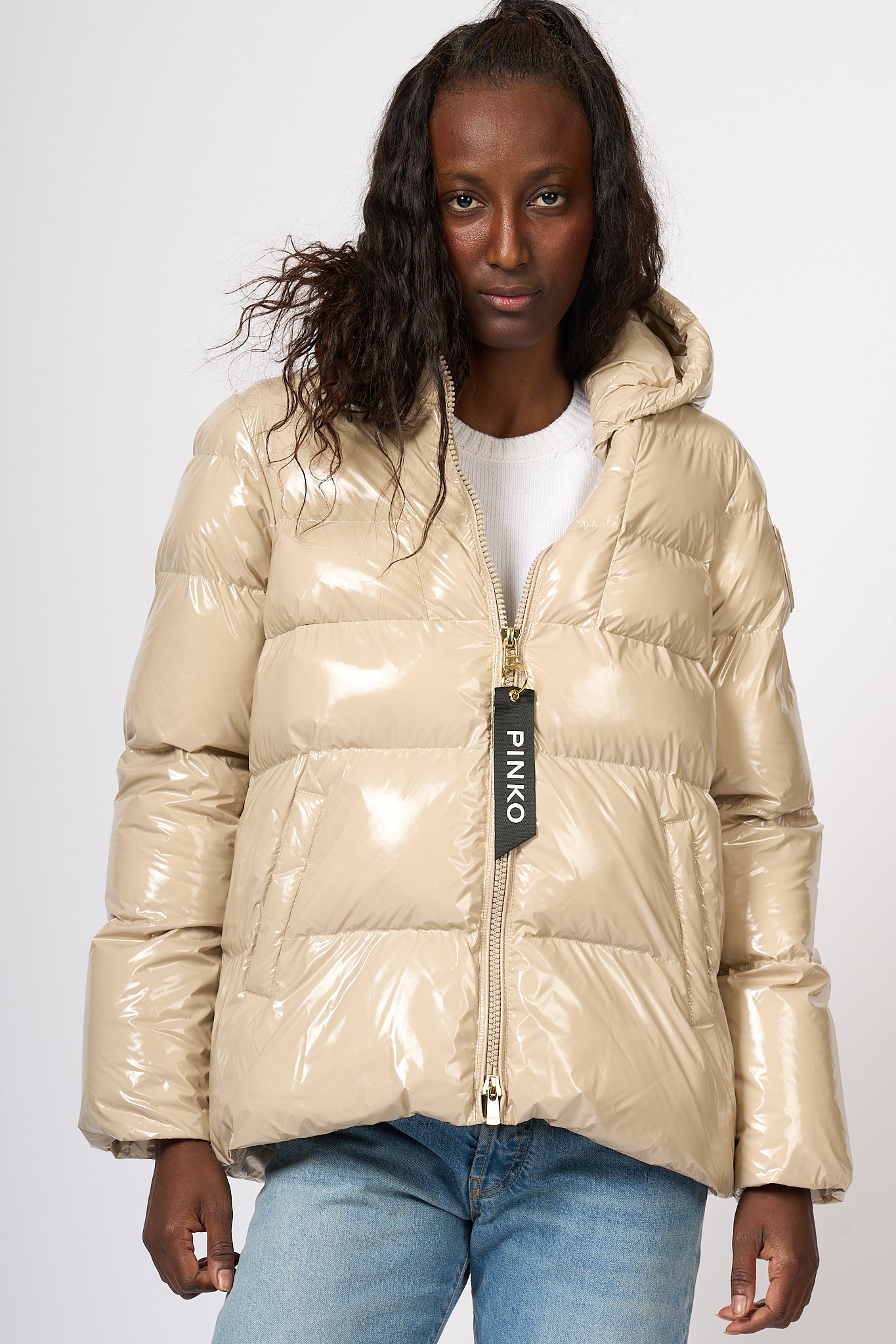 Pinko Eleodoro Crystal Beige Down Jacket Women-2