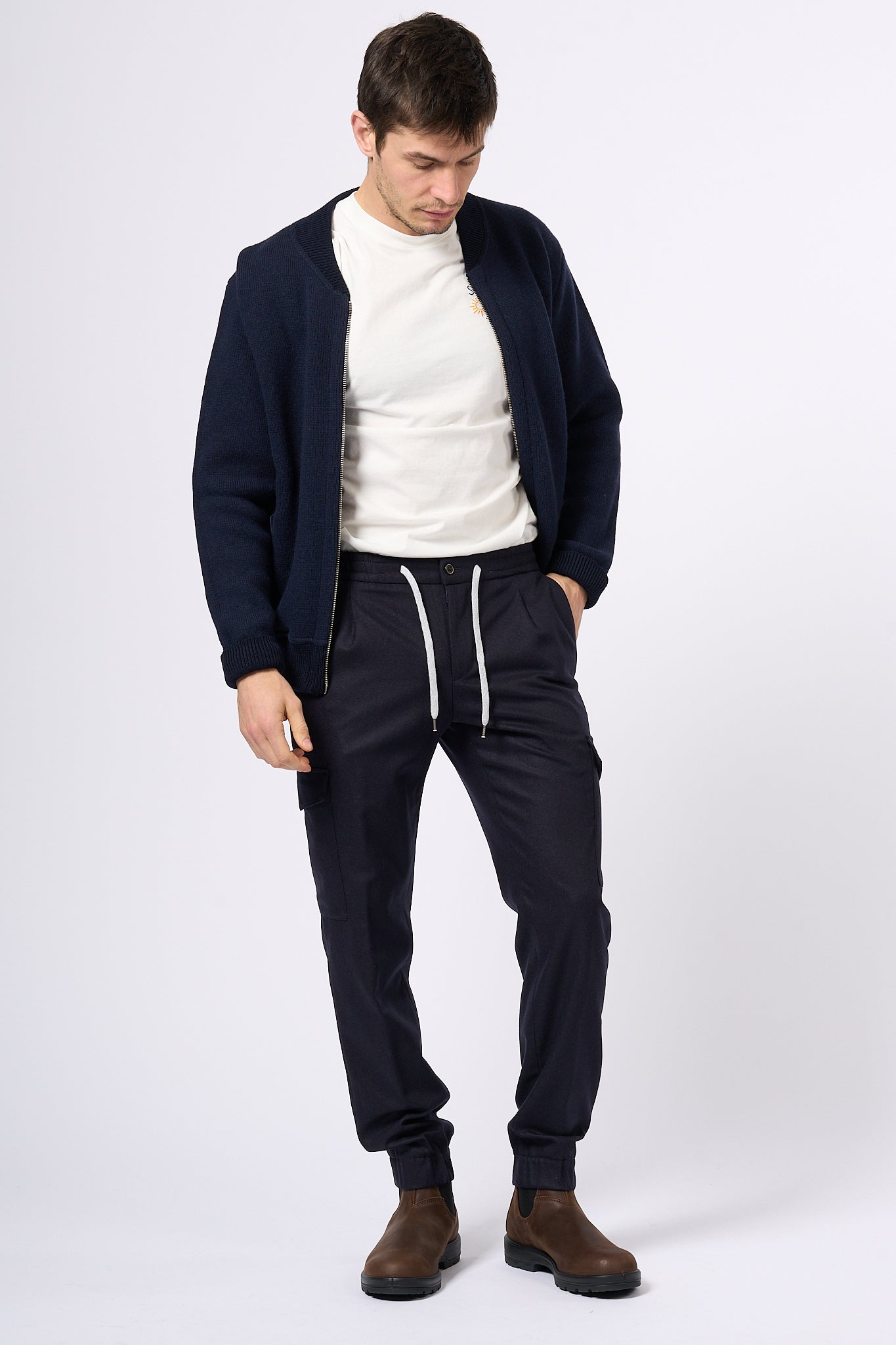 Pt Torino Pantalone Jogging Cargo in Lana Blu Uomo-3