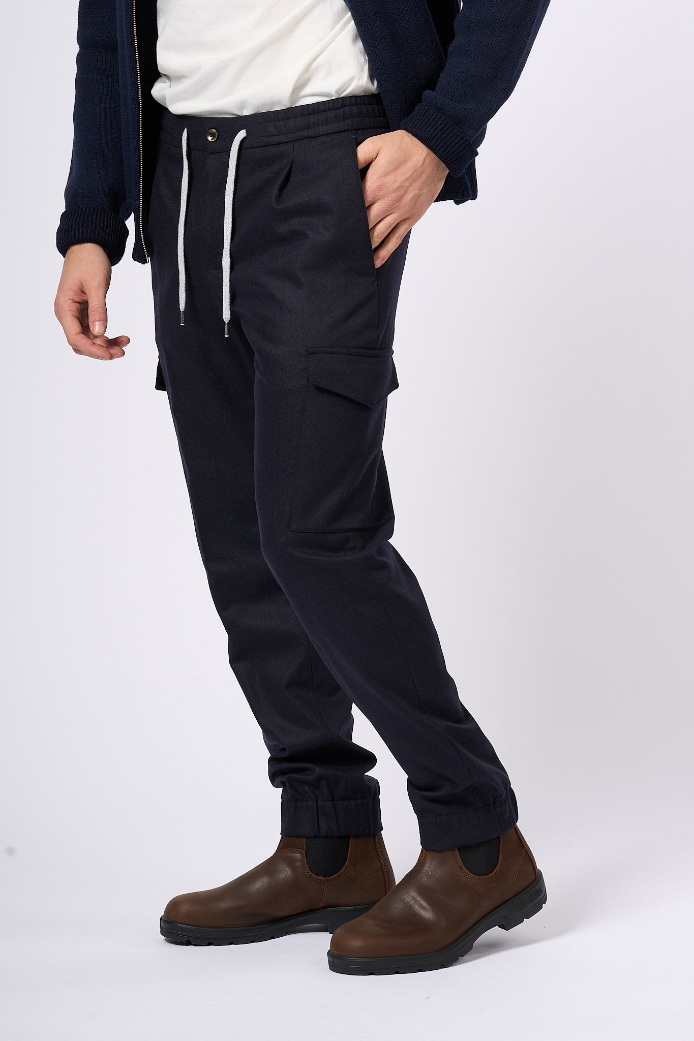 Pt Torino Pantalone Jogging Cargo in Lana Blu Uomo-4