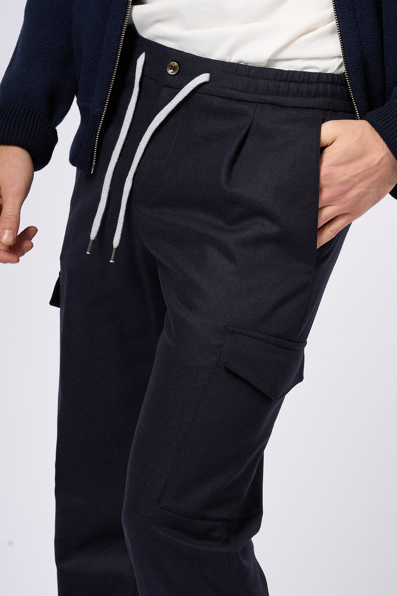 Pt Torino Pantalone Jogging Cargo in Lana Blu Uomo-2