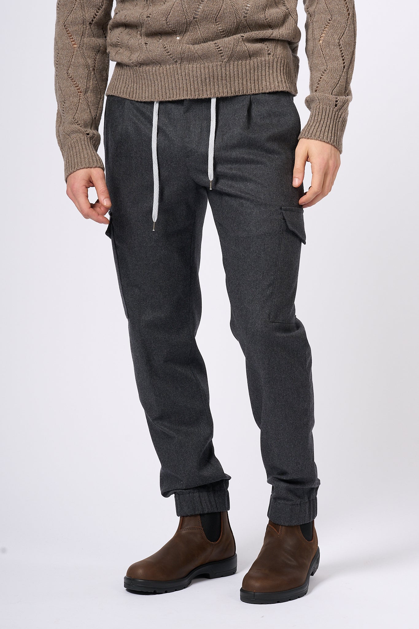 Pt Torino Pantalone Jogging Cargo in Lana Grigio Uomo-1