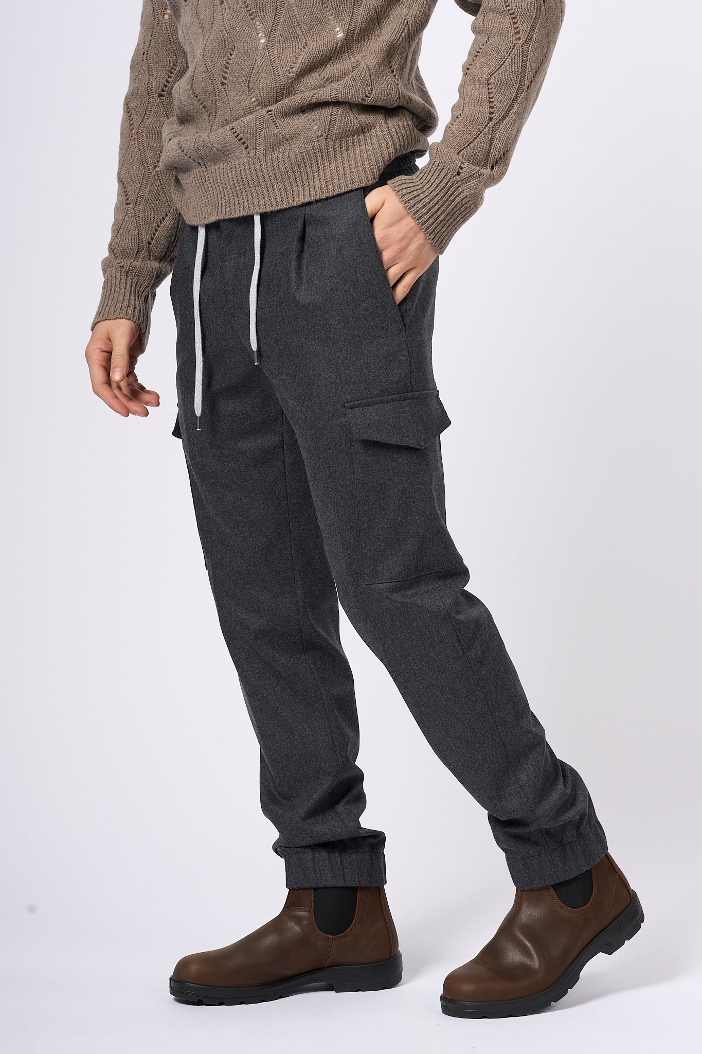 Pt Torino Pantalone Jogging Cargo in Lana Grigio Uomo-3