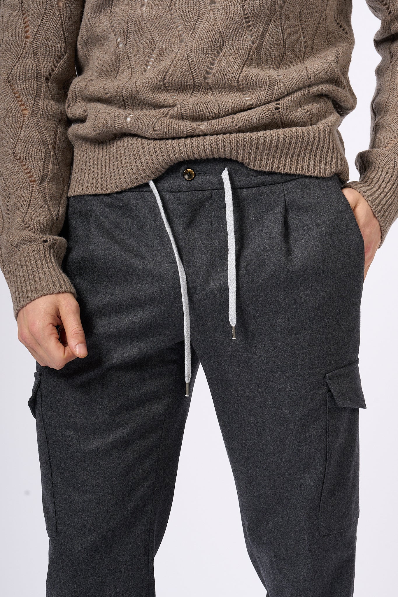 Pt Torino Pantalone Jogging Cargo in Lana Grigio Uomo-6