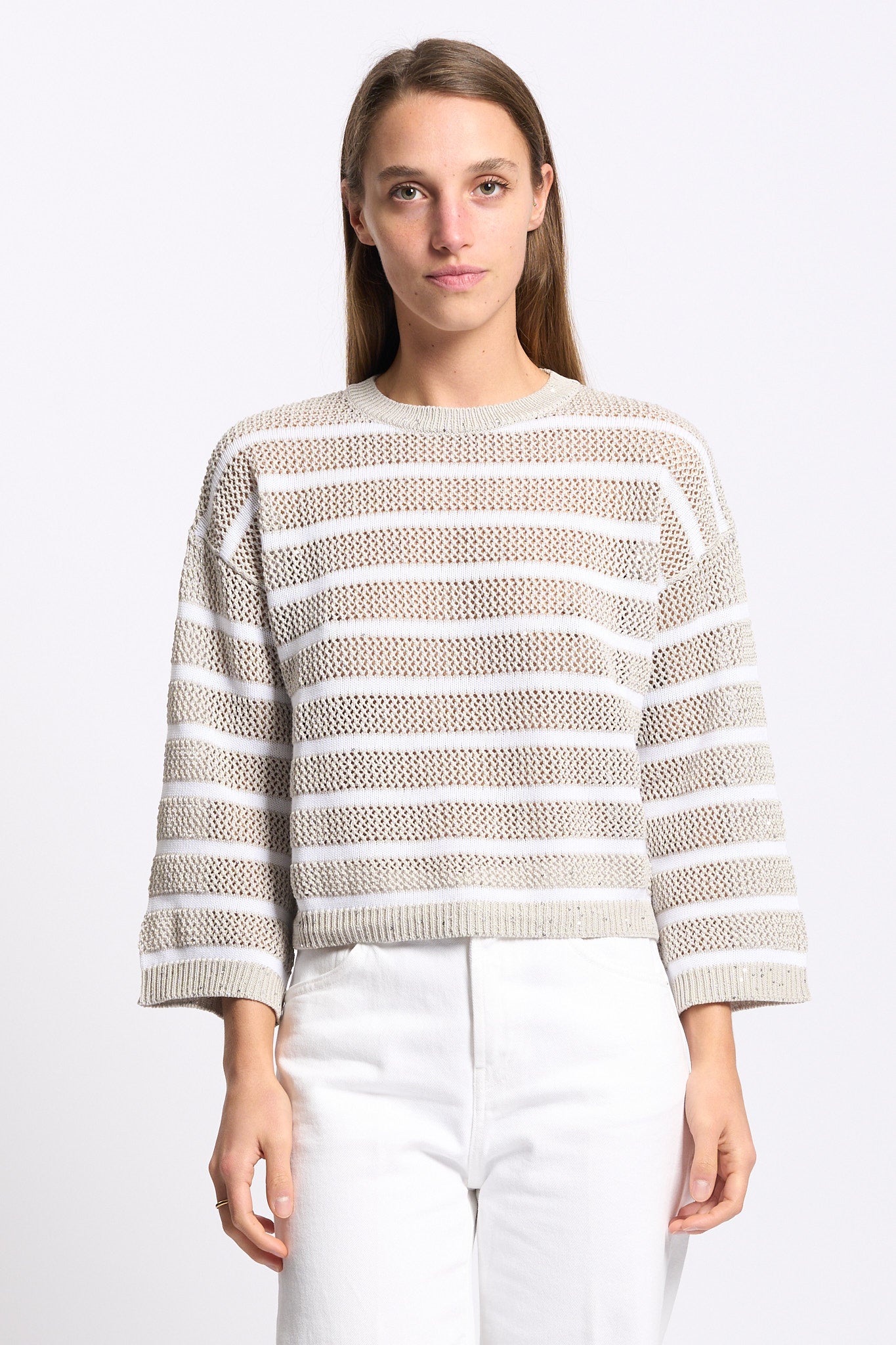 Purotatto Maglia con Micro Paillettes Beige/Bianco Donna-5