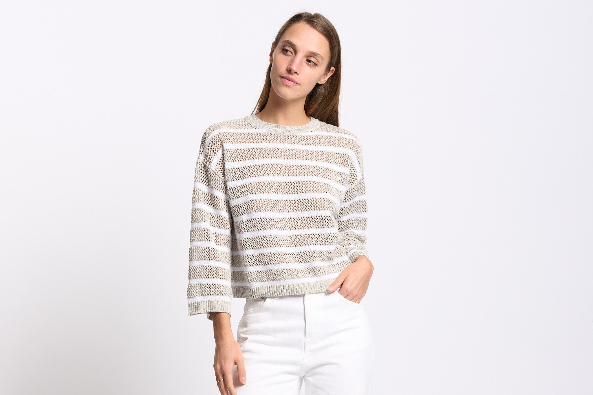Purotatto Maglia con Micro Paillettes Beige/Bianco Donna-2