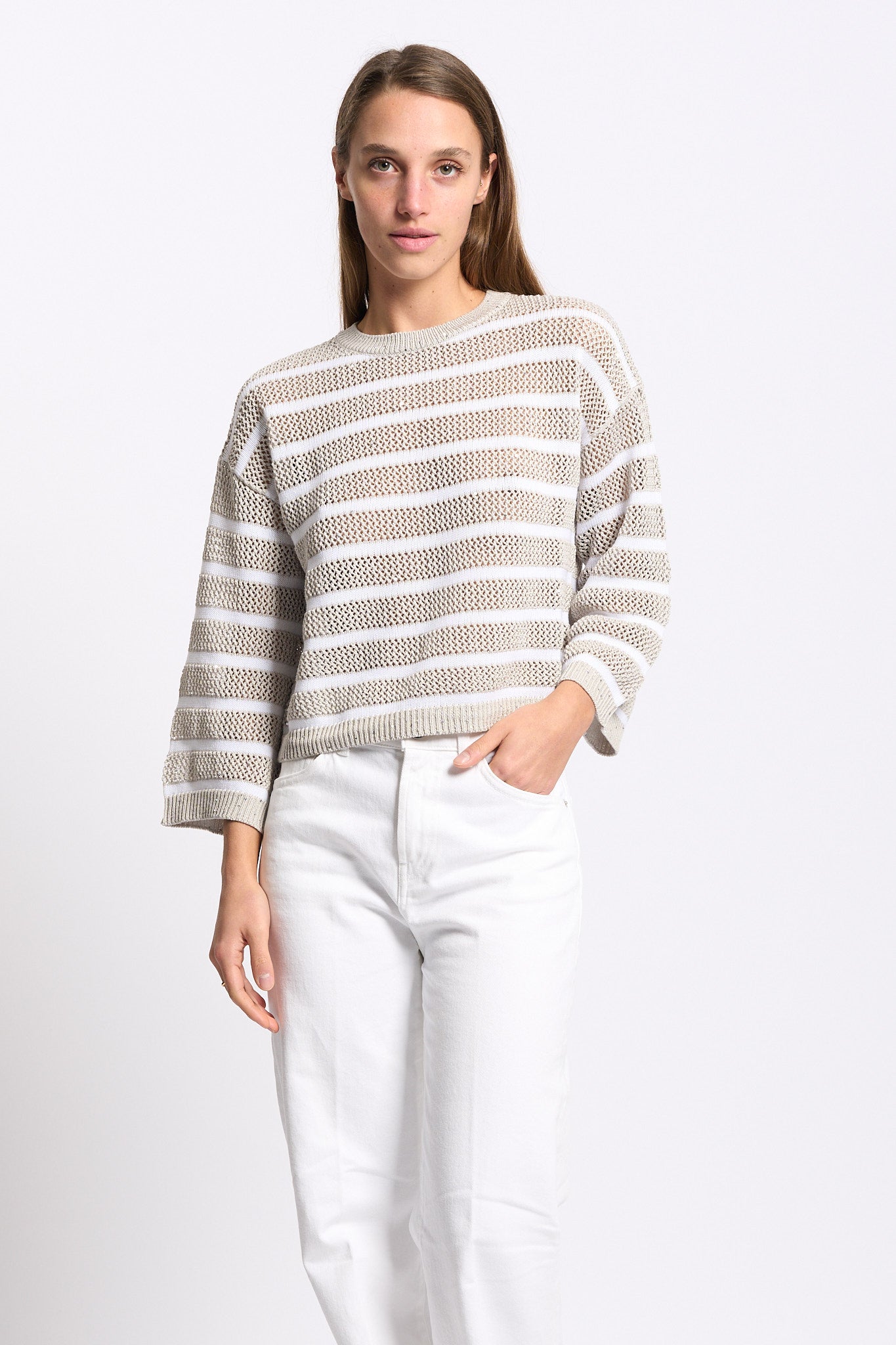 Purotatto Maglia con Micro Paillettes Beige/Bianco Donna-7