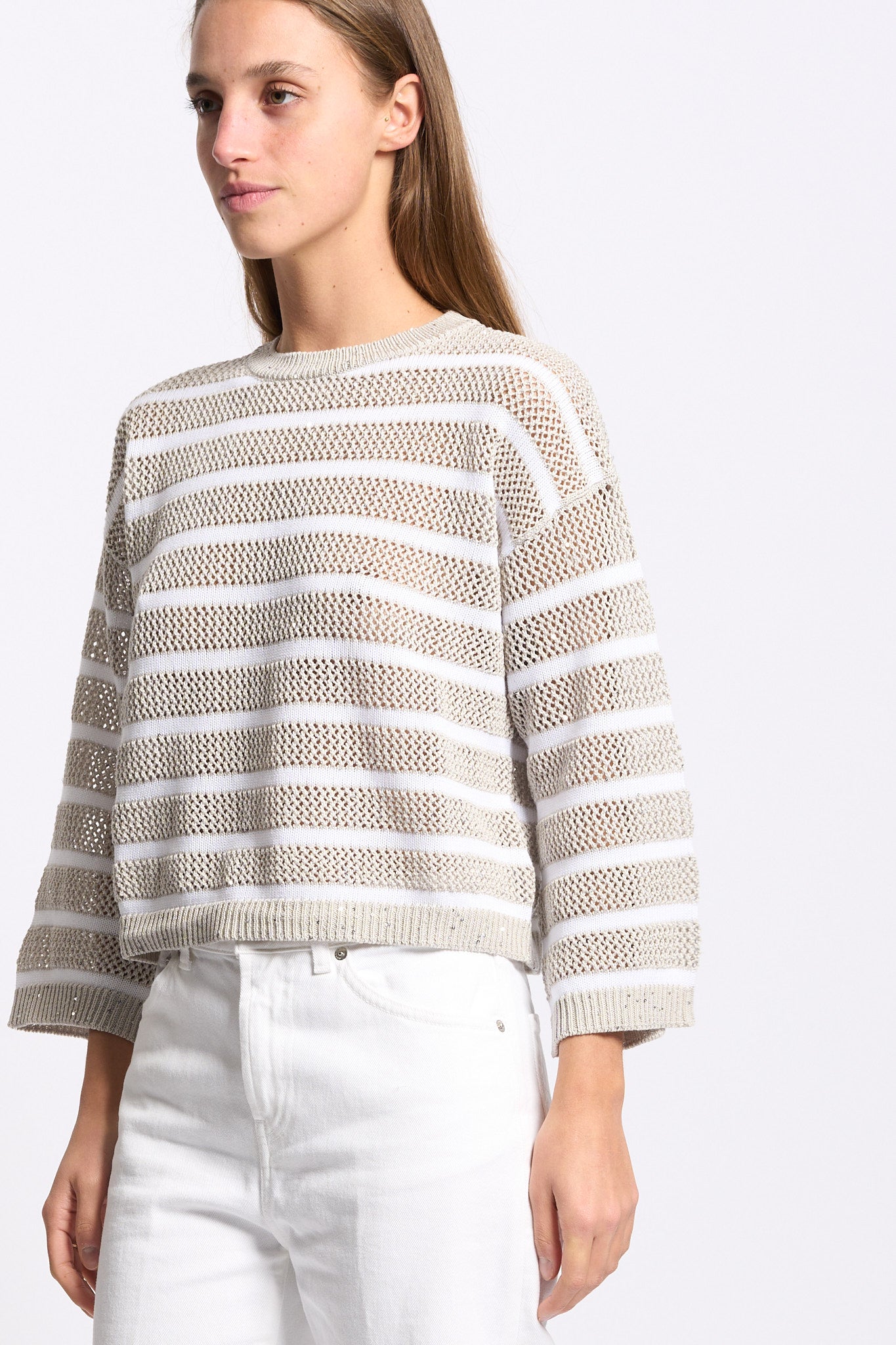 Purotatto Maglia con Micro Paillettes Beige/Bianco Donna-4