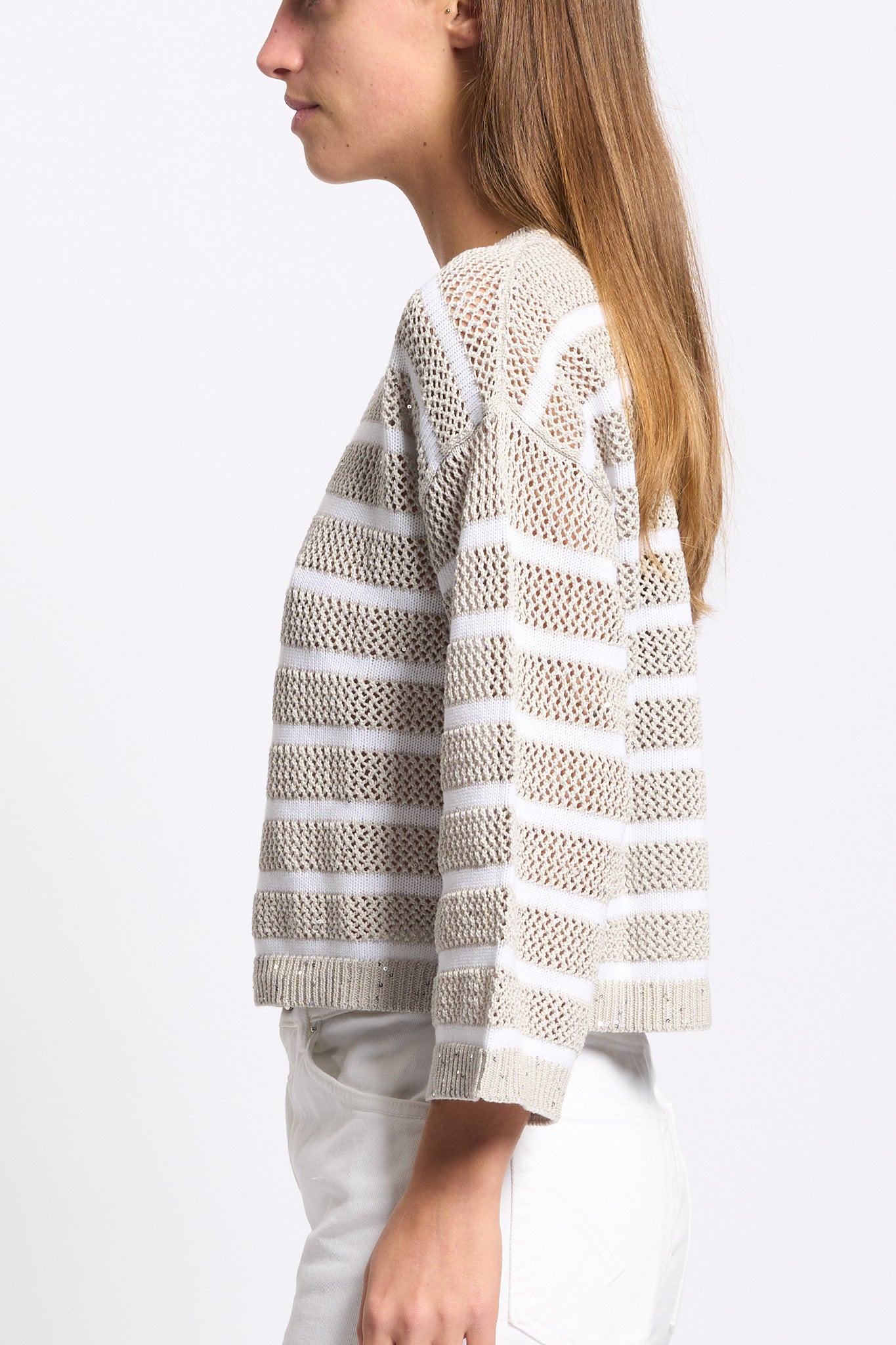 Purotatto Maglia con Micro Paillettes Beige/Bianco Donna-1